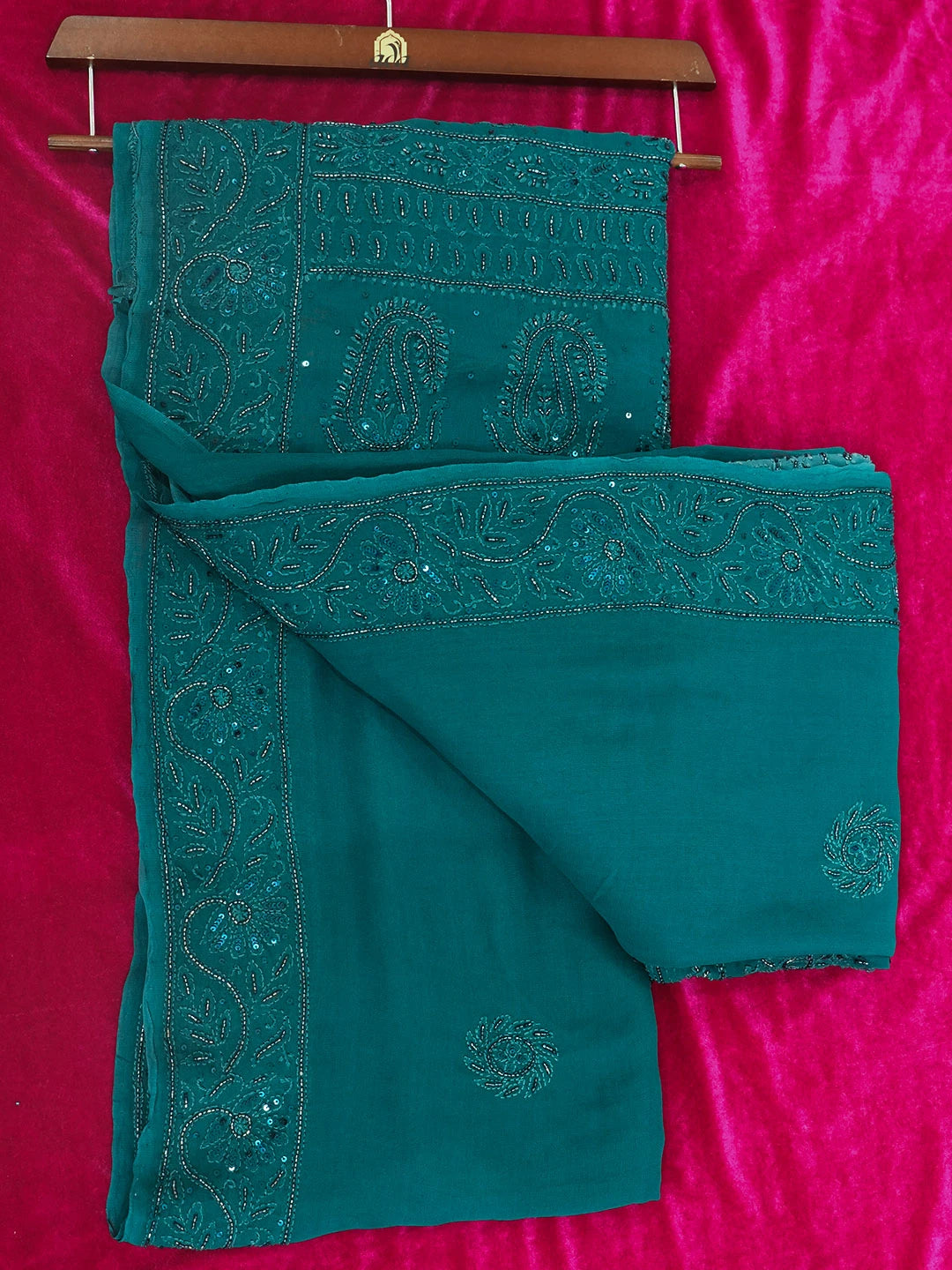 Ada Hand Embroidered Deep Teal Green Viscose Georgette Lucknowi Chikankari Saree and Blouse With Cutdana Work 01A475858