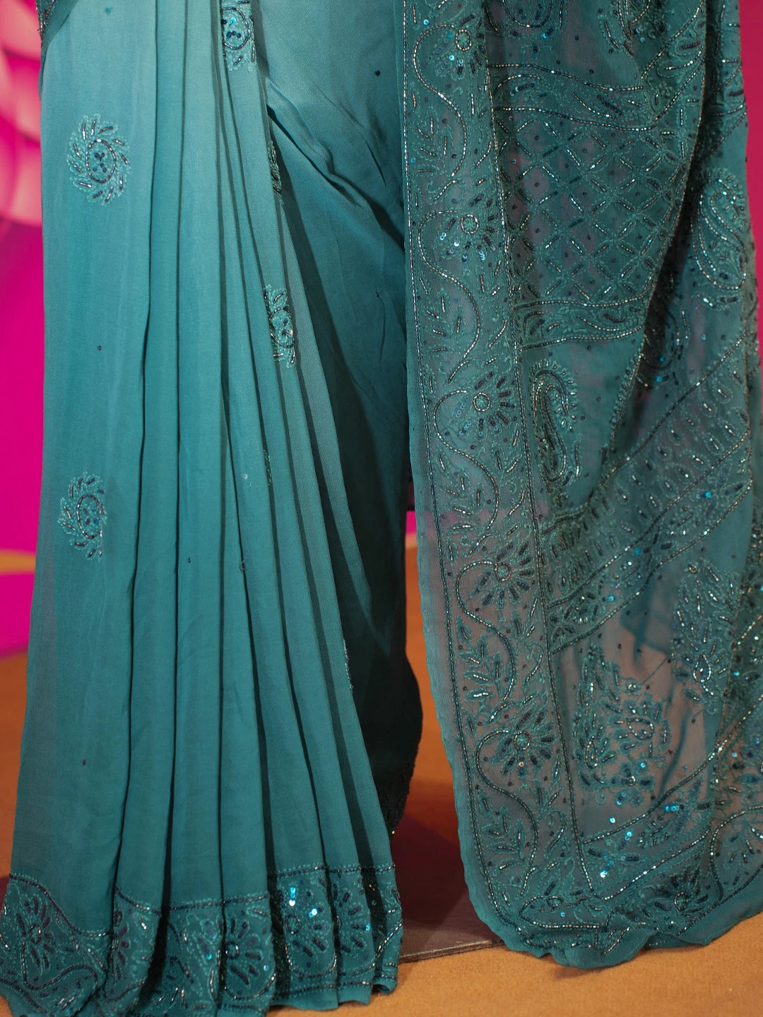 Ada Hand Embroidered Deep Teal Green Viscose Georgette Lucknowi Chikankari Saree and Blouse With Cutdana Work 01A475858