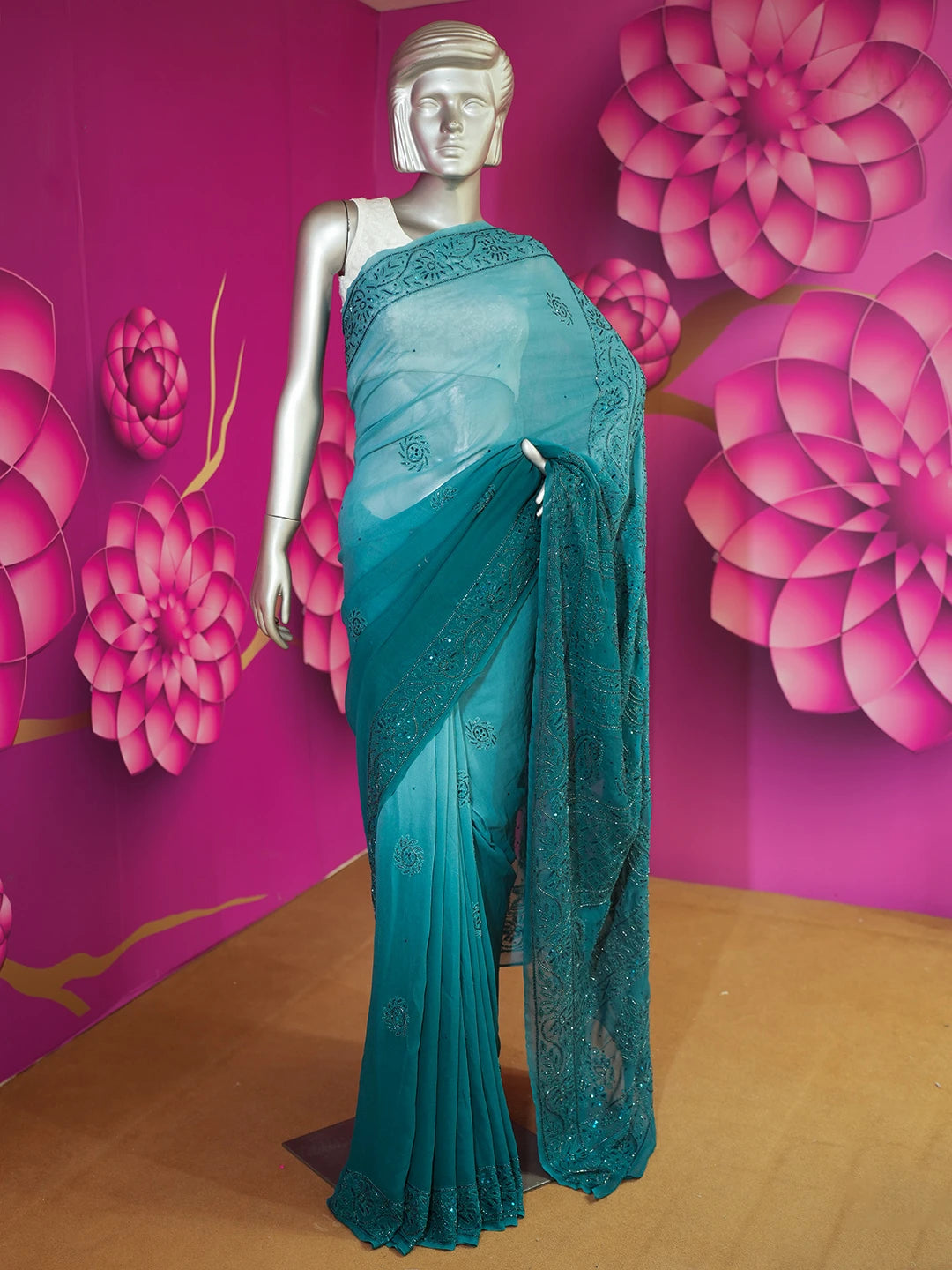 Ada Hand Embroidered Deep Teal Green Viscose Georgette Lucknowi Chikankari Saree and Blouse With Cutdana Work 01A475858
