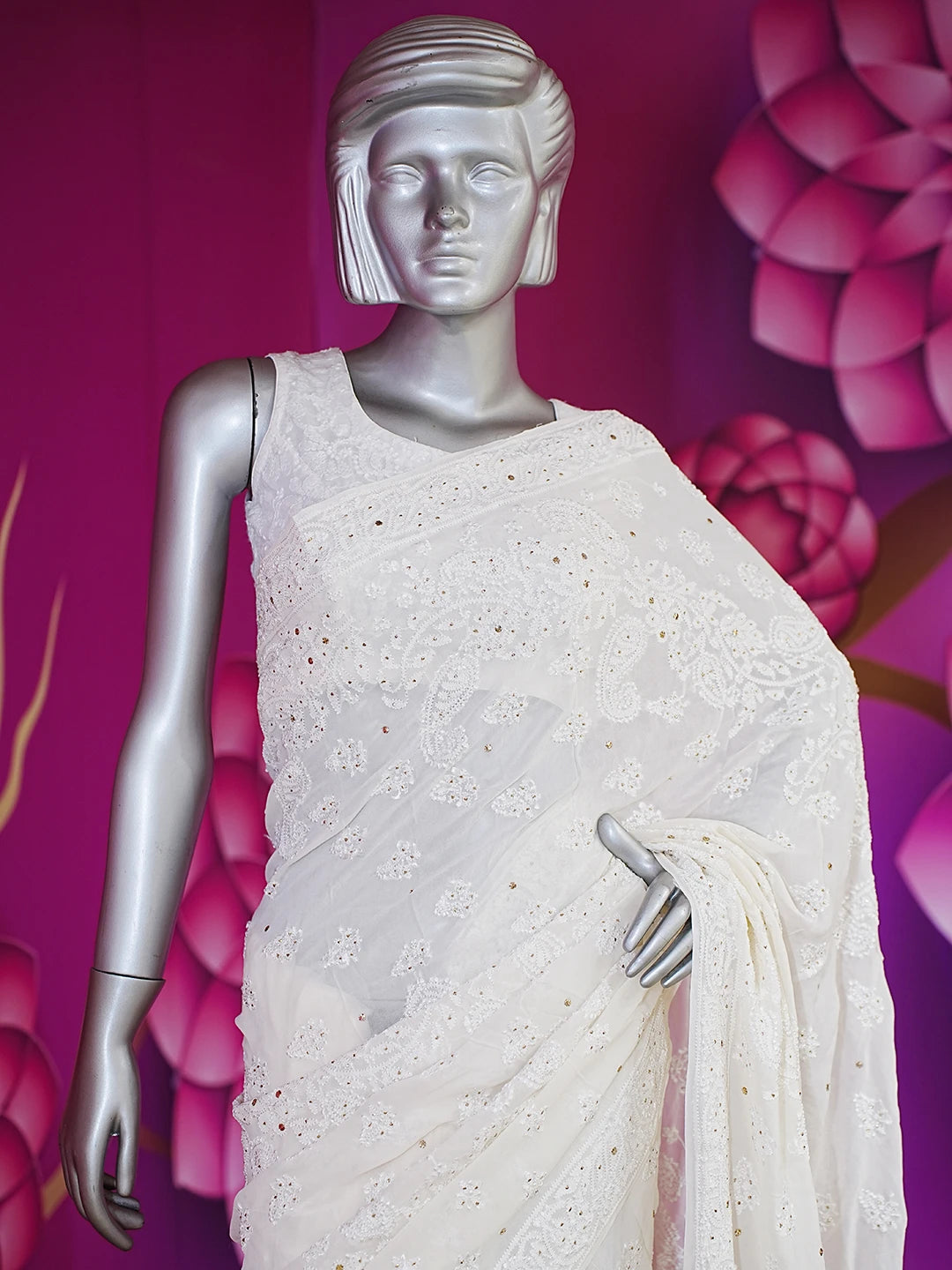 Ada Hand Embroidered White Pure Georgette Lucknowi Chikankari Saree and Blouse With Muqaish Work 01A551950