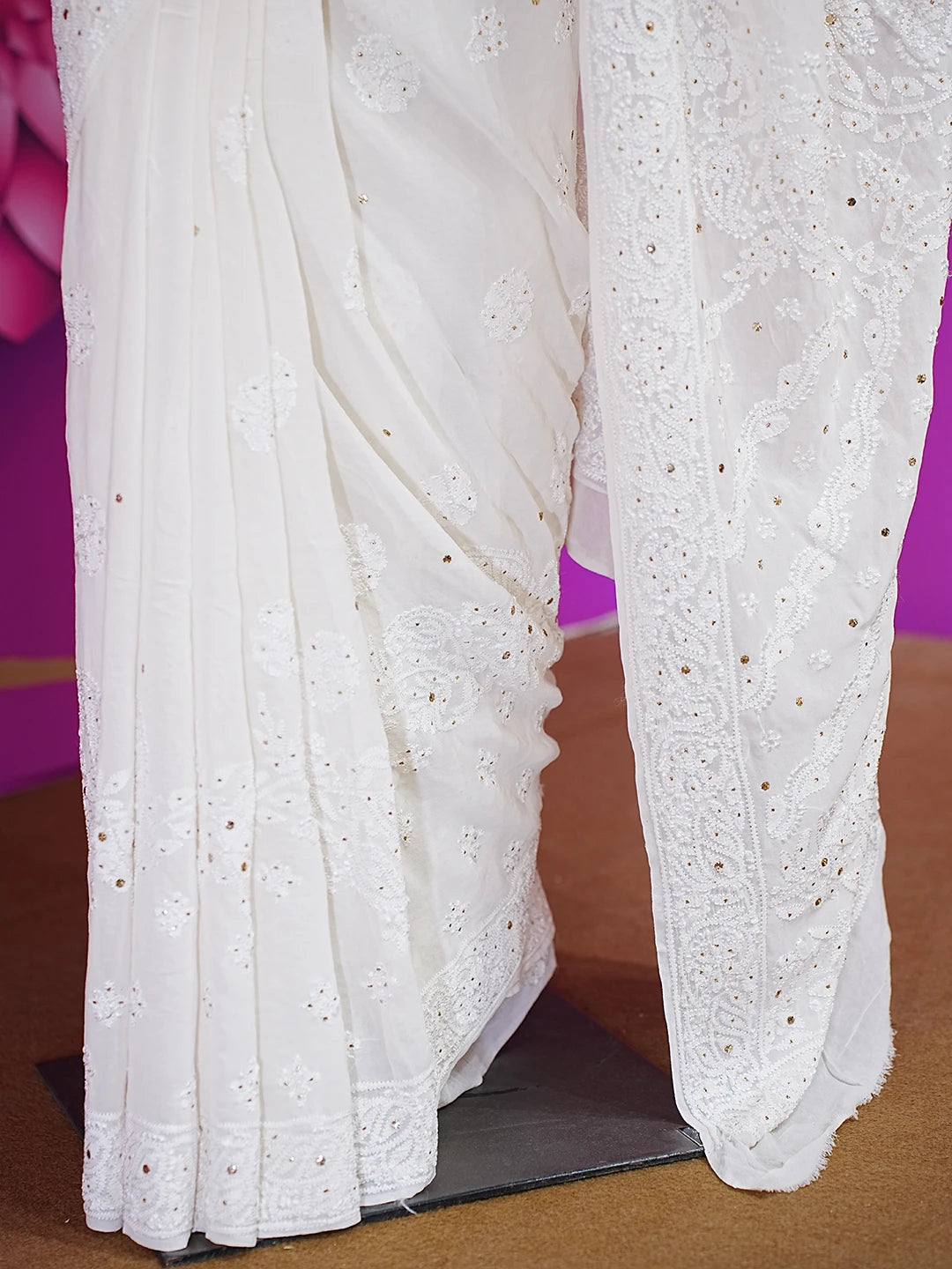 Ada Hand Embroidered White Pure Georgette Lucknowi Chikankari Saree and Blouse With Muqaish Work 01A551950