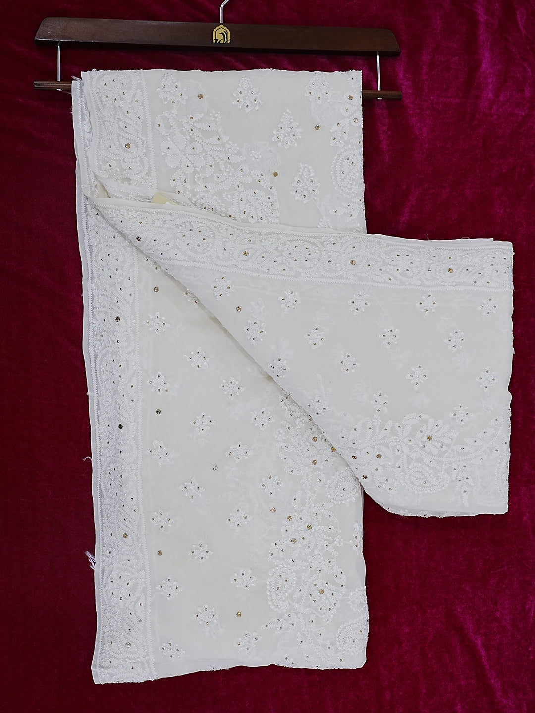 Ada Hand Embroidered White Pure Georgette Lucknowi Chikankari Saree and Blouse With Muqaish Work 01A551950