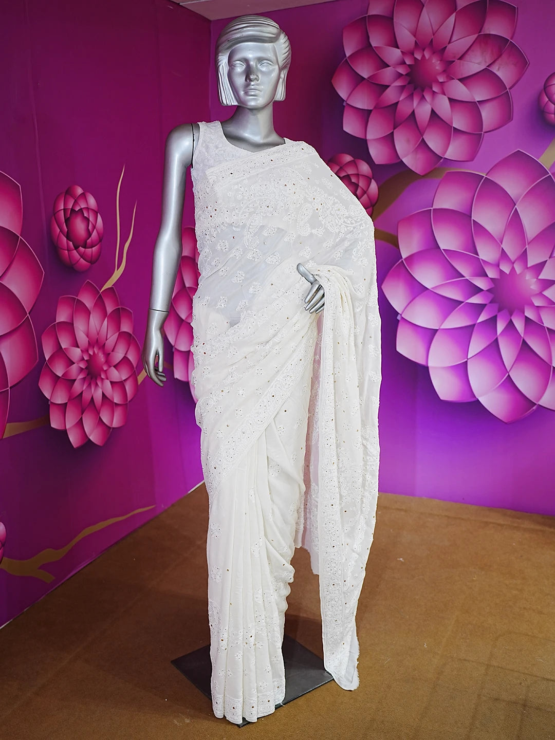 Ada Hand Embroidered White Pure Georgette Lucknowi Chikankari Saree and Blouse With Muqaish Work 01A551950