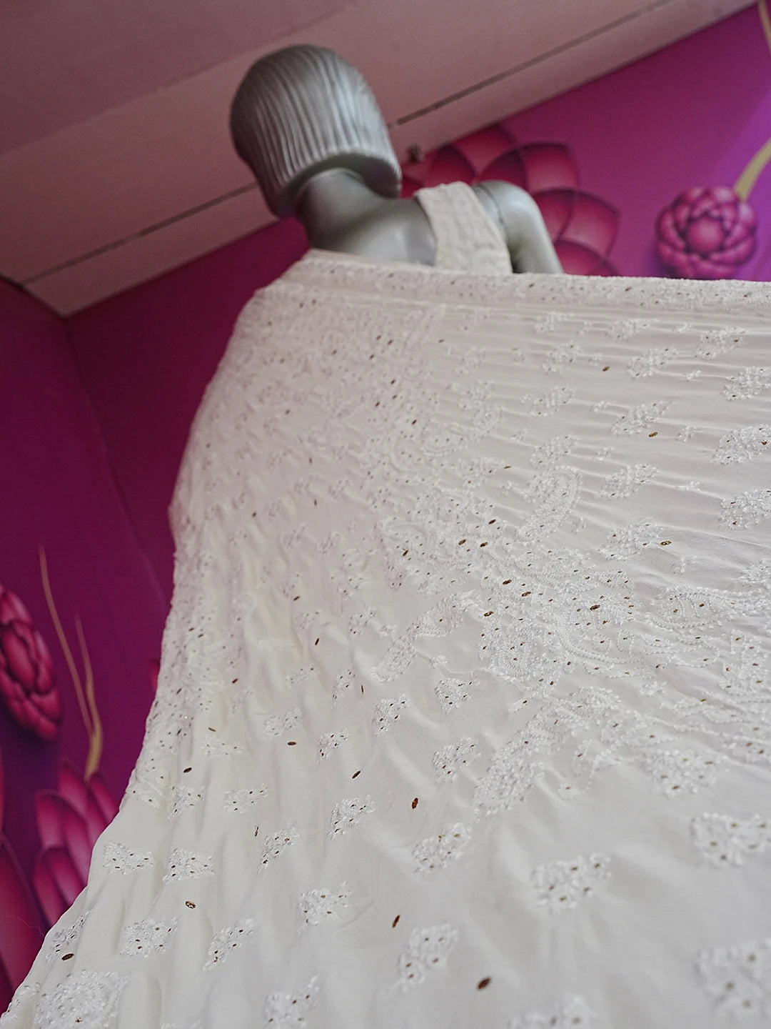 Ada Hand Embroidered White Pure Georgette Lucknowi Chikankari Saree and Blouse With Muqaish Work 01A551950
