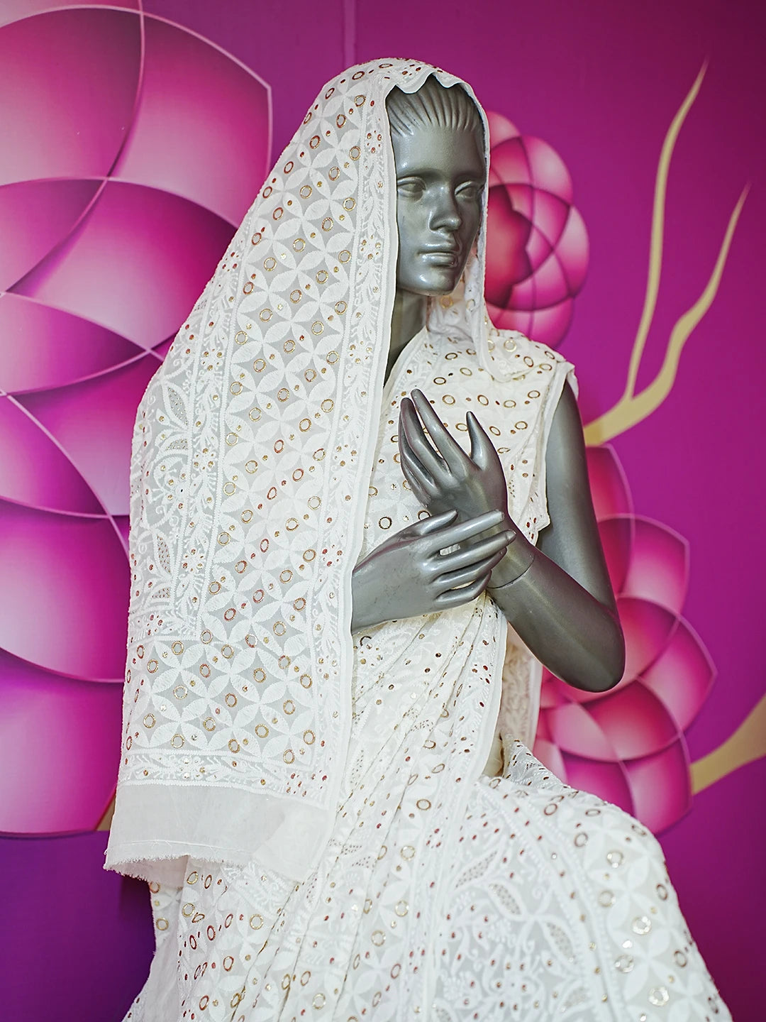 Ada Hand Embroidered White Pure Georgette Lucknowi Chikankari Lehenga Set With Mukaish Work 01A545847