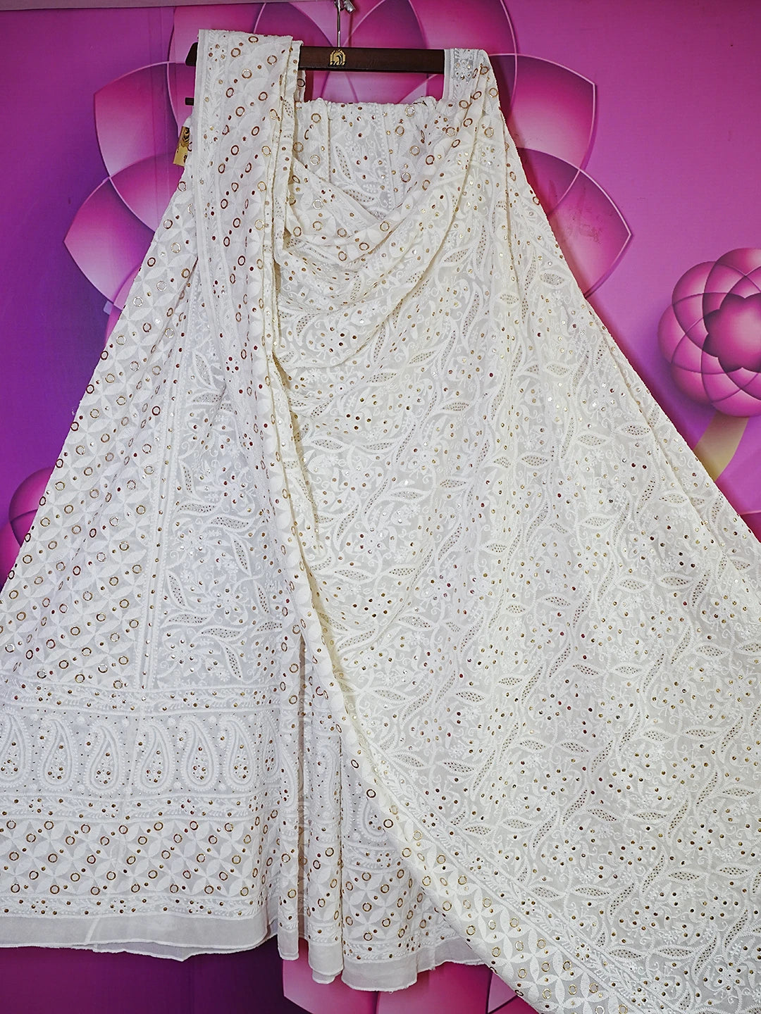 Ada Hand Embroidered White Pure Georgette Lucknowi Chikankari Lehenga Set With Mukaish Work 01A545847