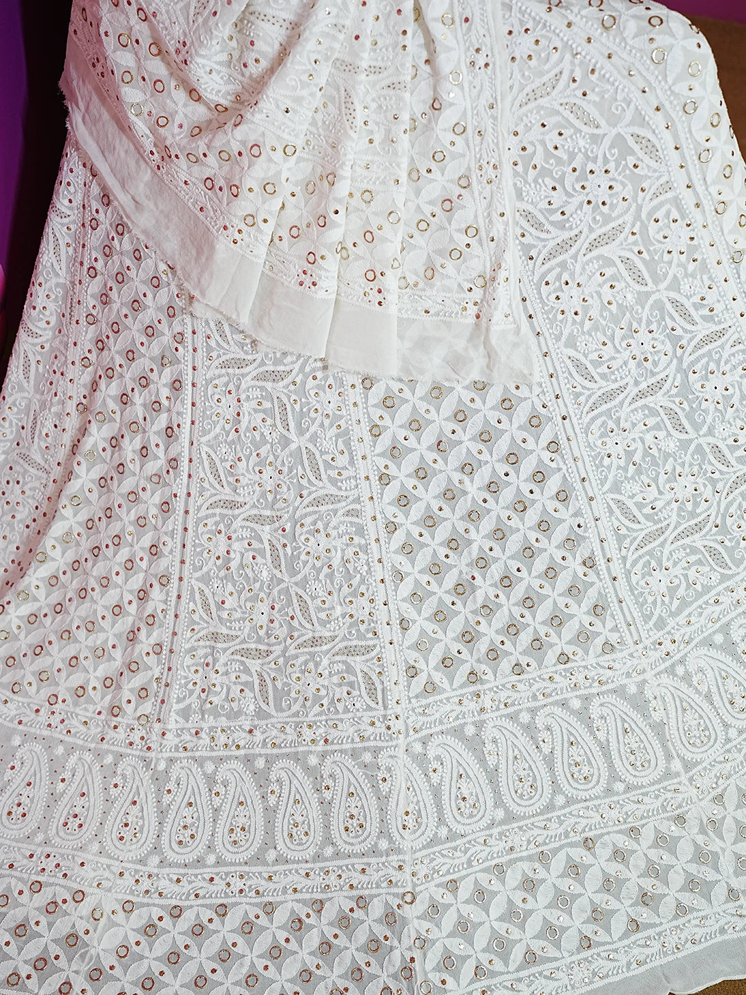 Ada Hand Embroidered White Pure Georgette Lucknowi Chikankari Lehenga Set With Mukaish Work 01A545847