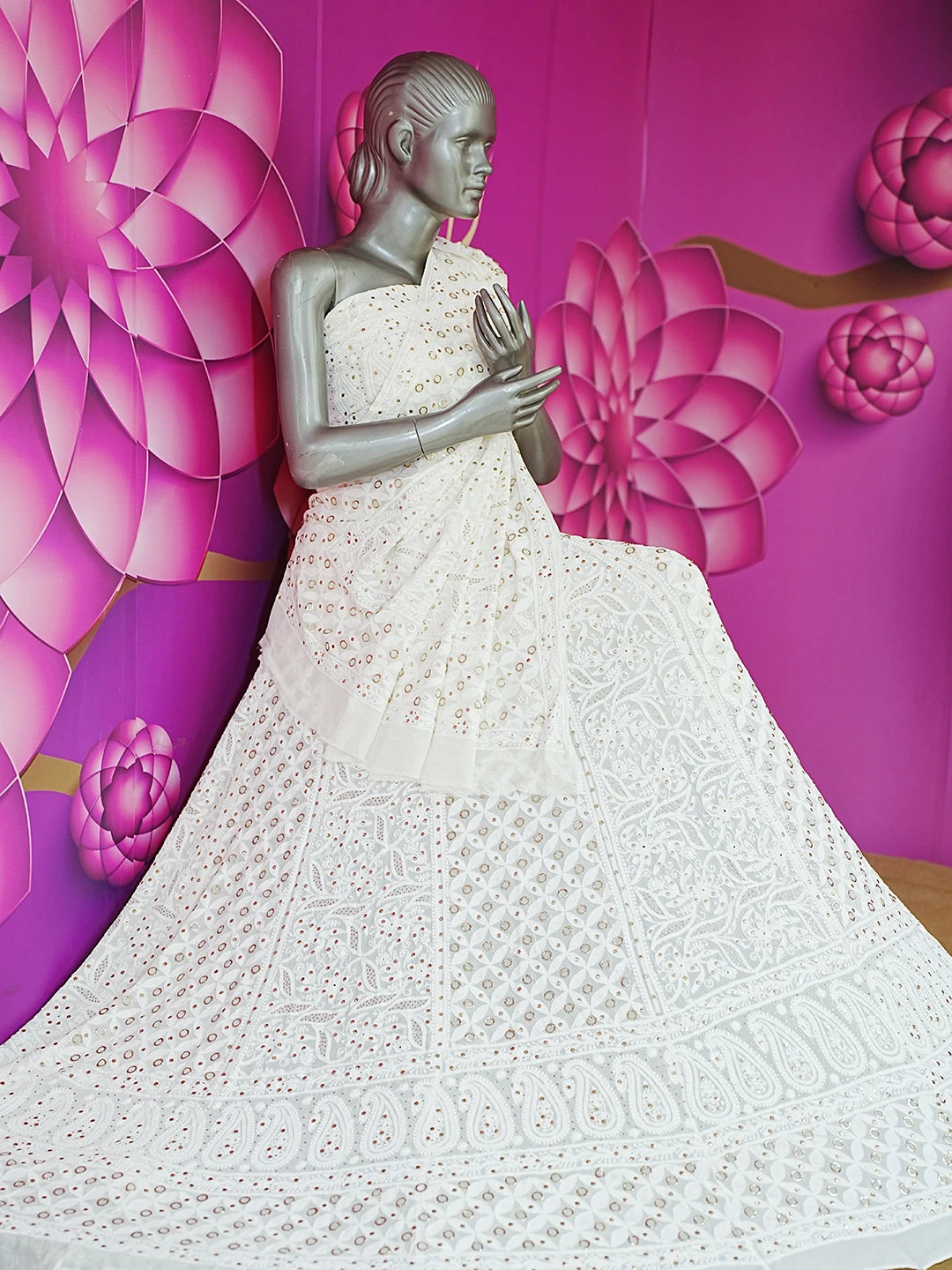 Ada Hand Embroidered White Pure Georgette Lucknowi Chikankari Lehenga Set With Mukaish Work 01A545847