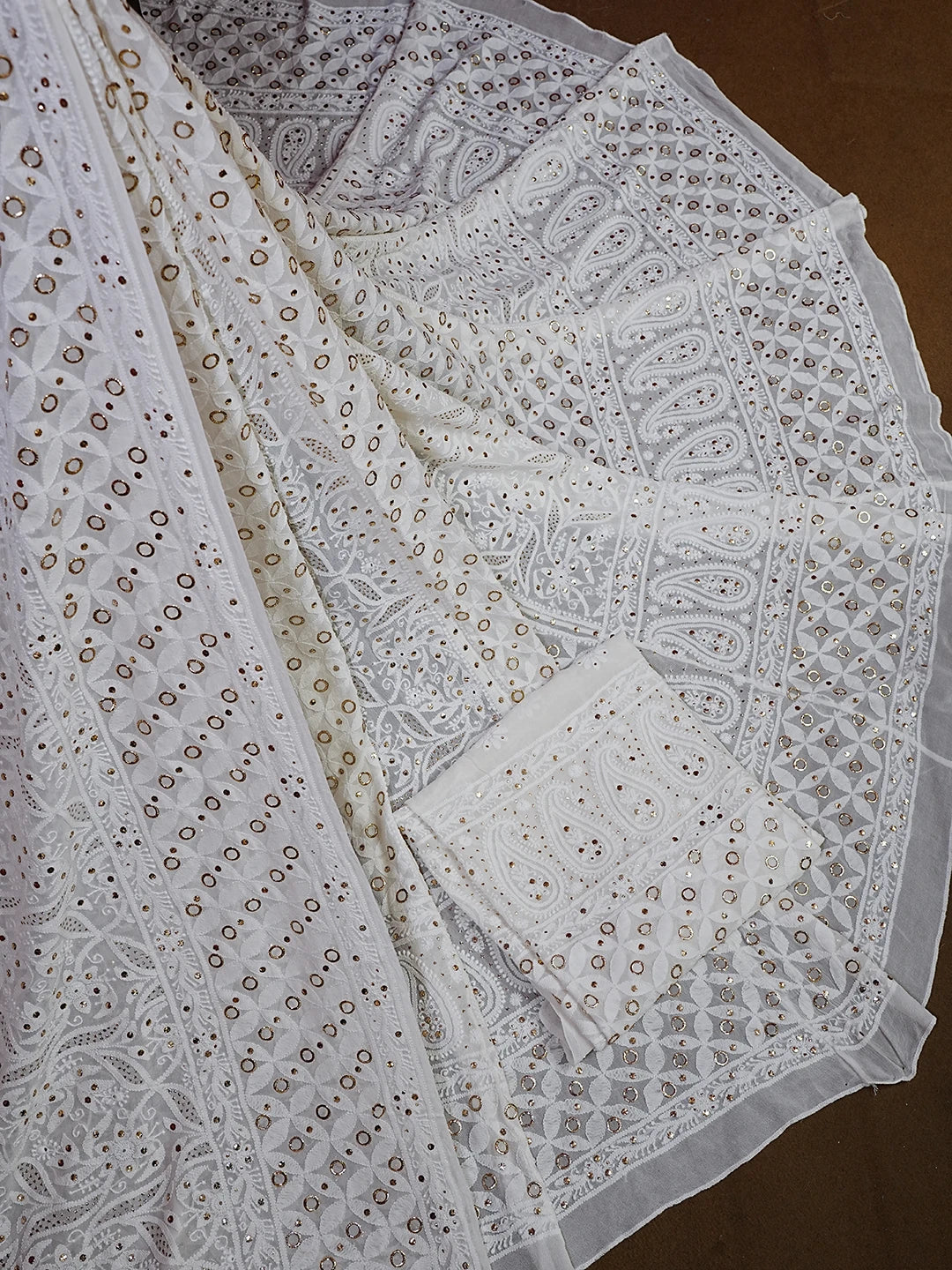 Ada Hand Embroidered White Pure Georgette Lucknowi Chikankari Lehenga Set With Mukaish Work 01A545847