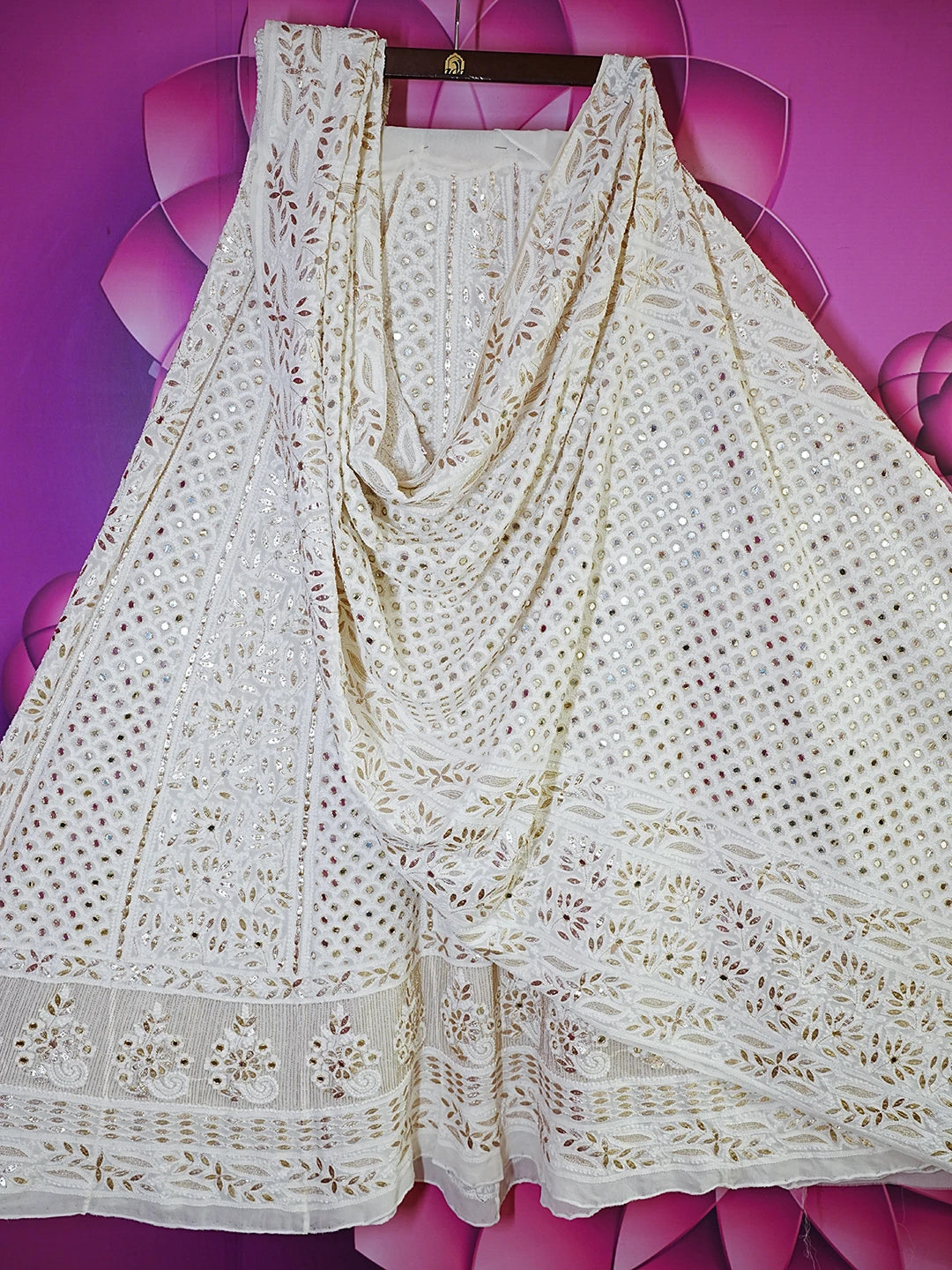 Ada Hand Embroidered White Pure Georgette Lucknowi Chikankari Lehenga Set With Zari Work 01A403555