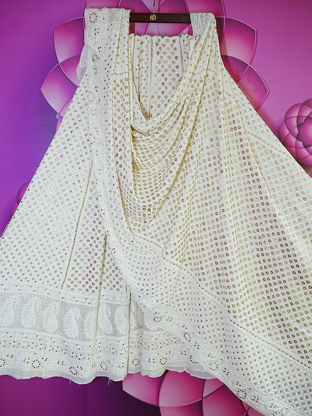 Ada Hand Embroidered White Pure Georgette Lucknowi Chikankari Lehenga Set With Muqaish Work 01A470220