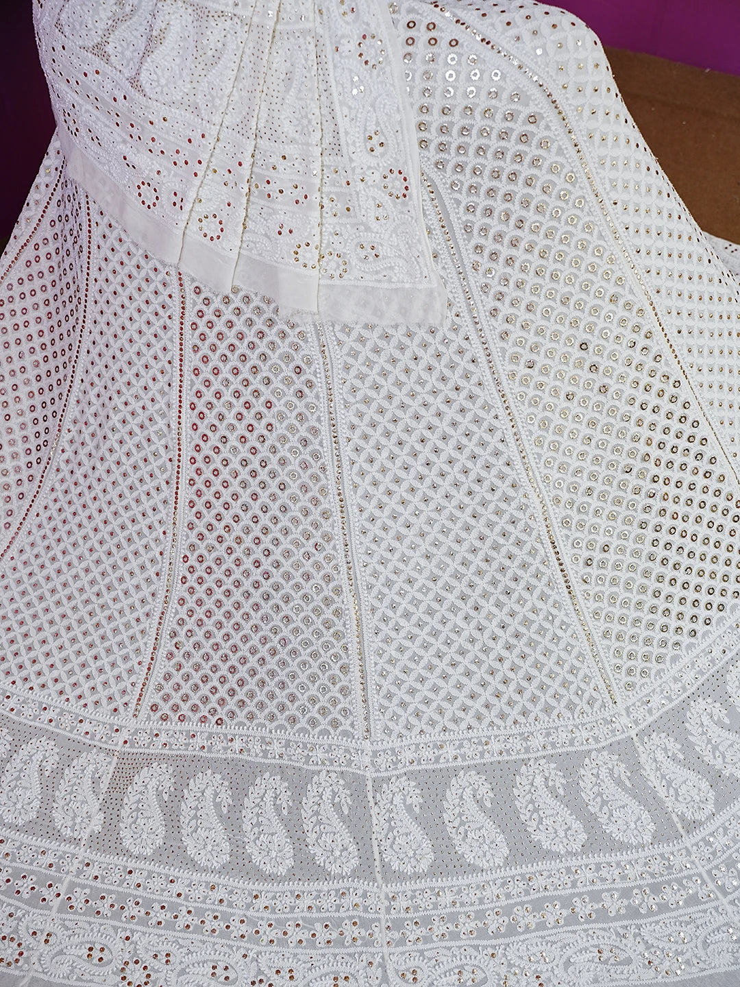 Ada Hand Embroidered White Pure Georgette Lucknowi Chikankari Lehenga Set With Muqaish Work 01A470220