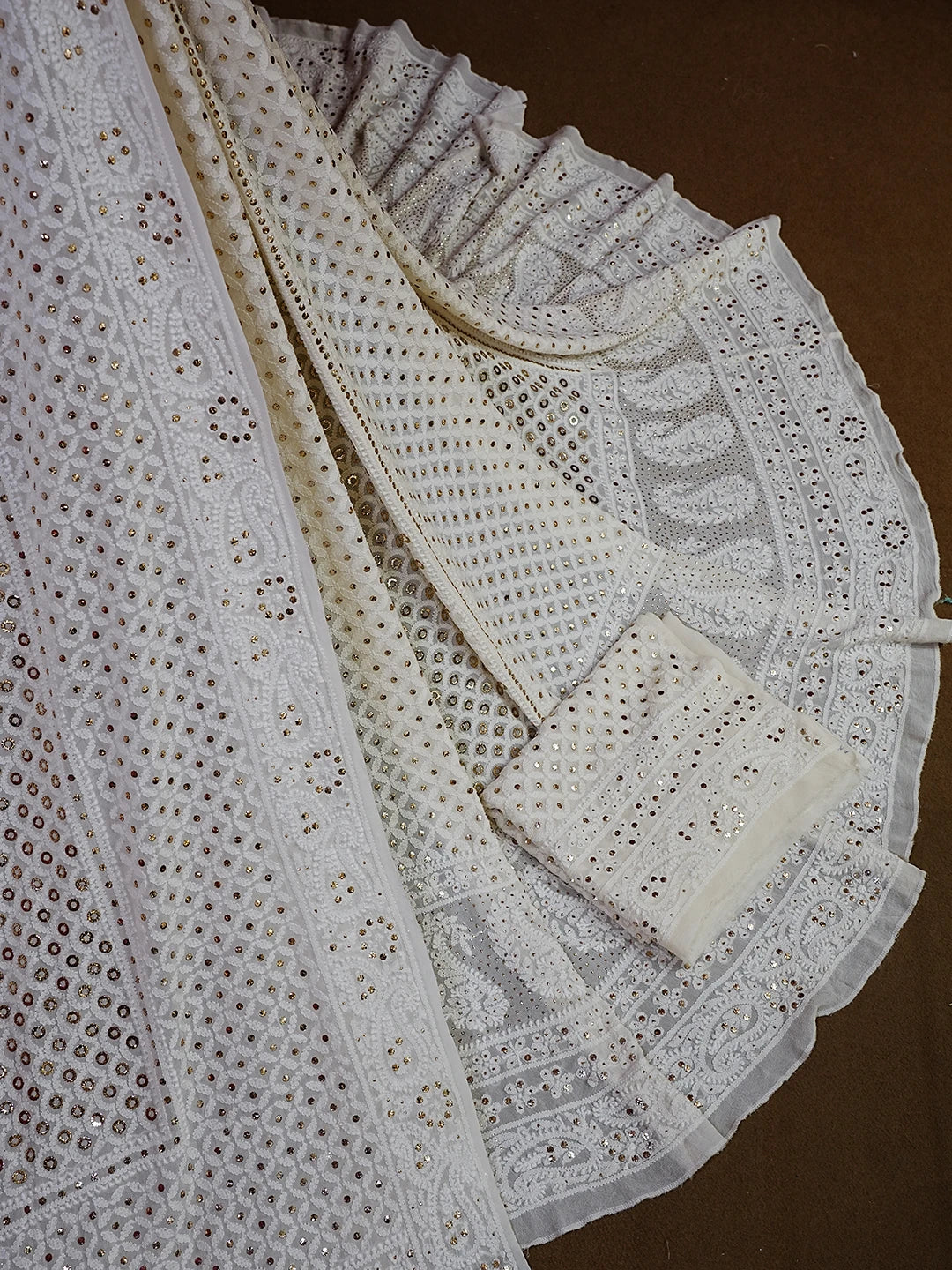 Ada Hand Embroidered White Pure Georgette Lucknowi Chikankari Lehenga Set With Muqaish Work 01A470220