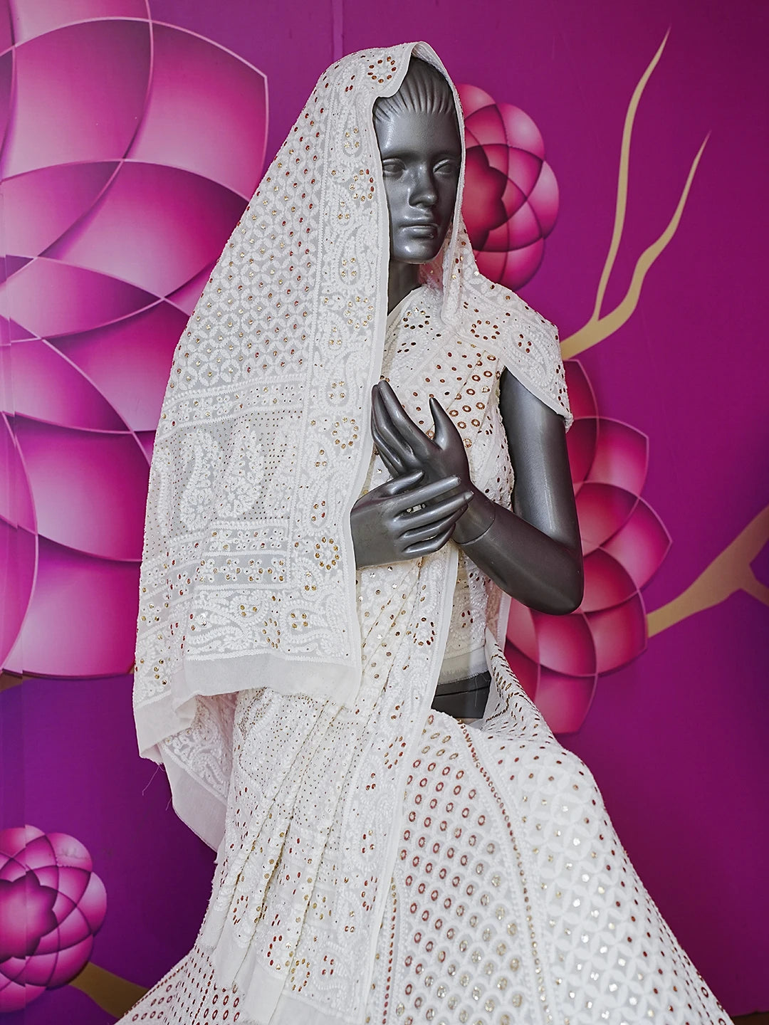 Ada Hand Embroidered White Pure Georgette Lucknowi Chikankari Lehenga Set With Muqaish Work 01A470220