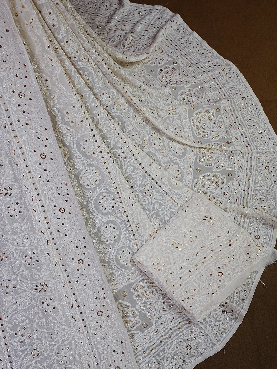 Ada Hand Embroidered Smoke White Pure Georgette Lucknowi Chikankari Lehenga Set With Muqaish Work 01A388215