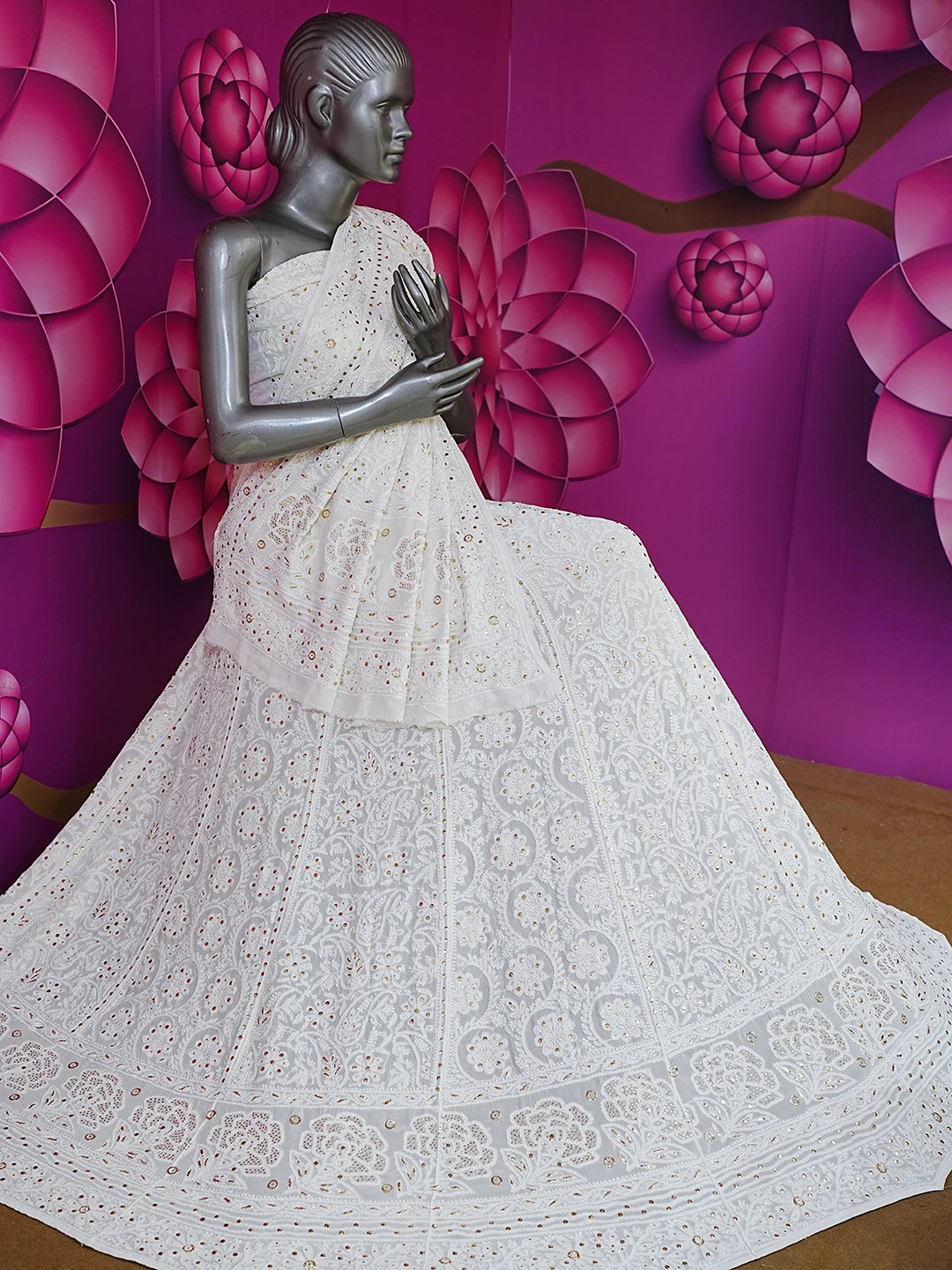 Ada Hand Embroidered Smoke White Pure Georgette Lucknowi Chikankari Lehenga Set With Muqaish Work 01A388215