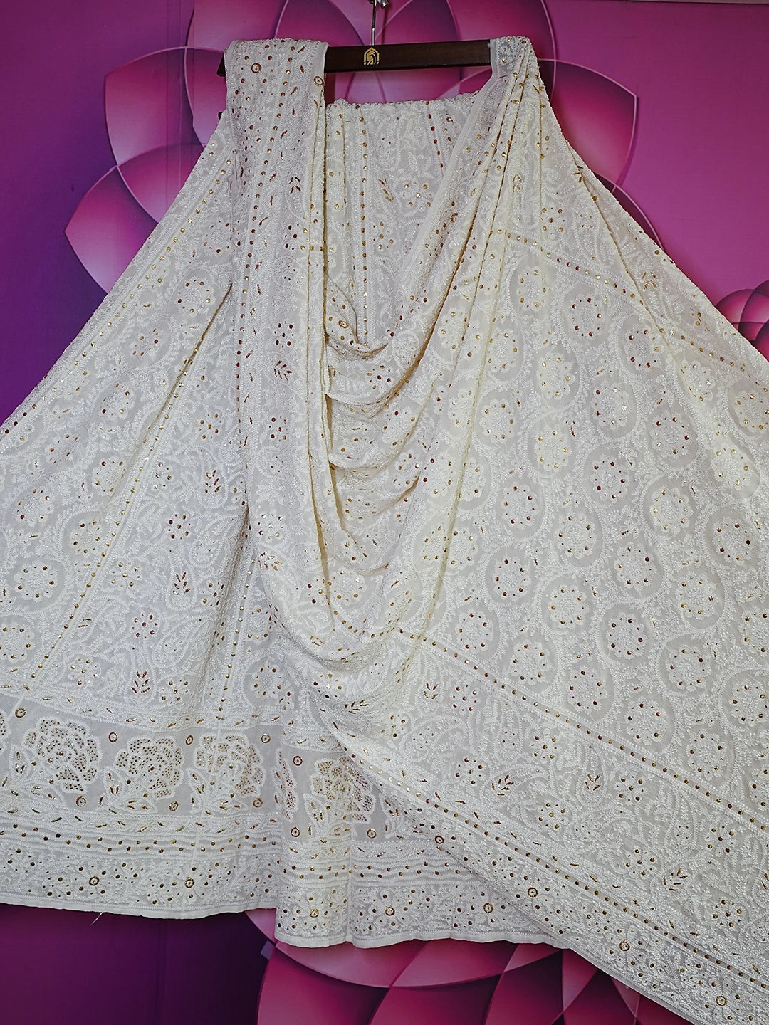 Ada Hand Embroidered Smoke White Pure Georgette Lucknowi Chikankari Lehenga Set With Muqaish Work 01A388215