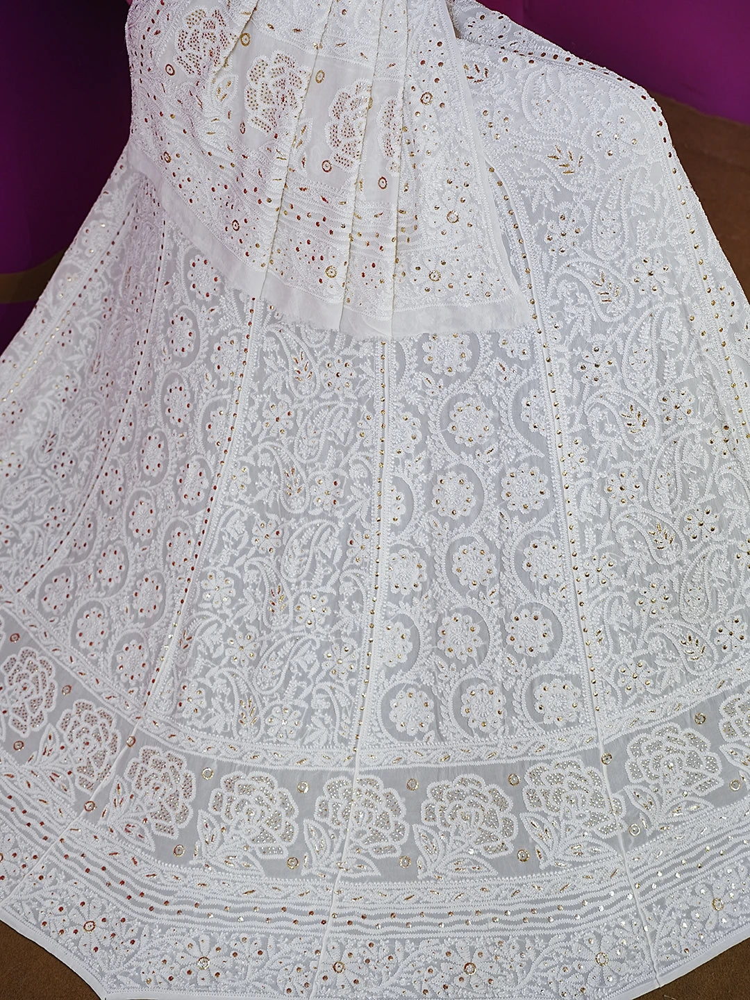 Ada Hand Embroidered Smoke White Pure Georgette Lucknowi Chikankari Lehenga Set With Muqaish Work 01A388215