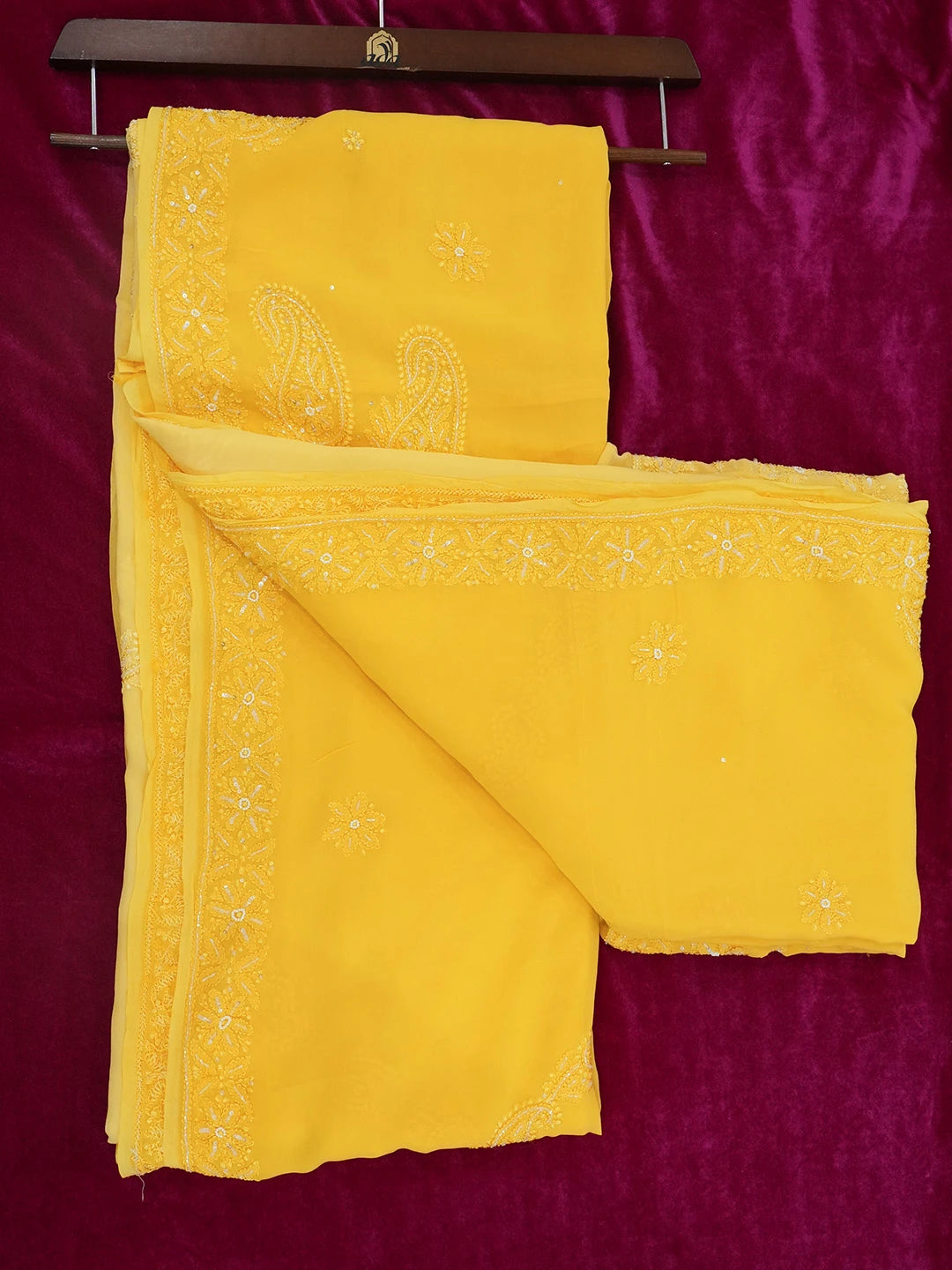 Ada Hand Embroidered Cream And Golden Yellow Viscose Georgette Lucknowi Chikankari Saree With Blouse And Cutdana Work 01A510570