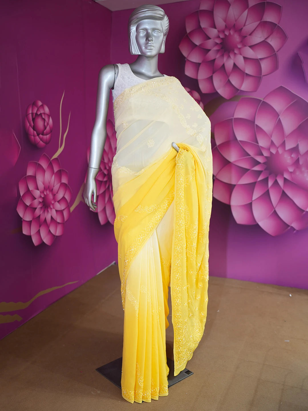 Ada Hand Embroidered Cream And Golden Yellow Viscose Georgette Lucknowi Chikankari Saree With Blouse And Cutdana Work 01A510570