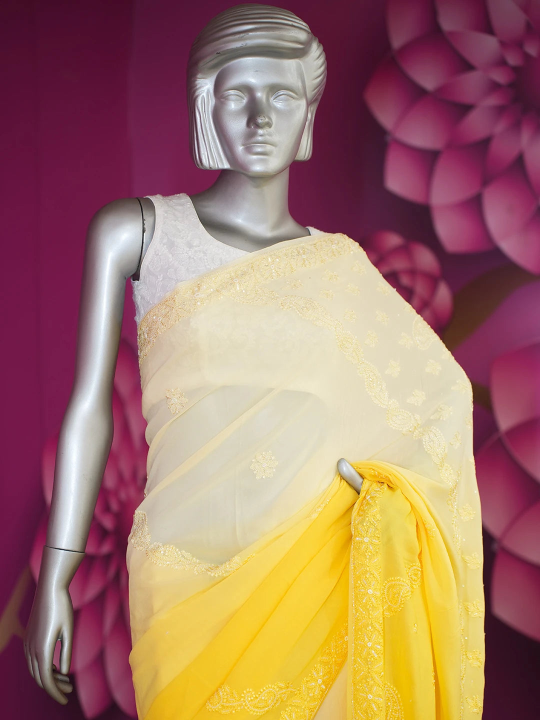 Ada Hand Embroidered Cream And Golden Yellow Viscose Georgette Lucknowi Chikankari Saree With Blouse And Cutdana Work 01A510570