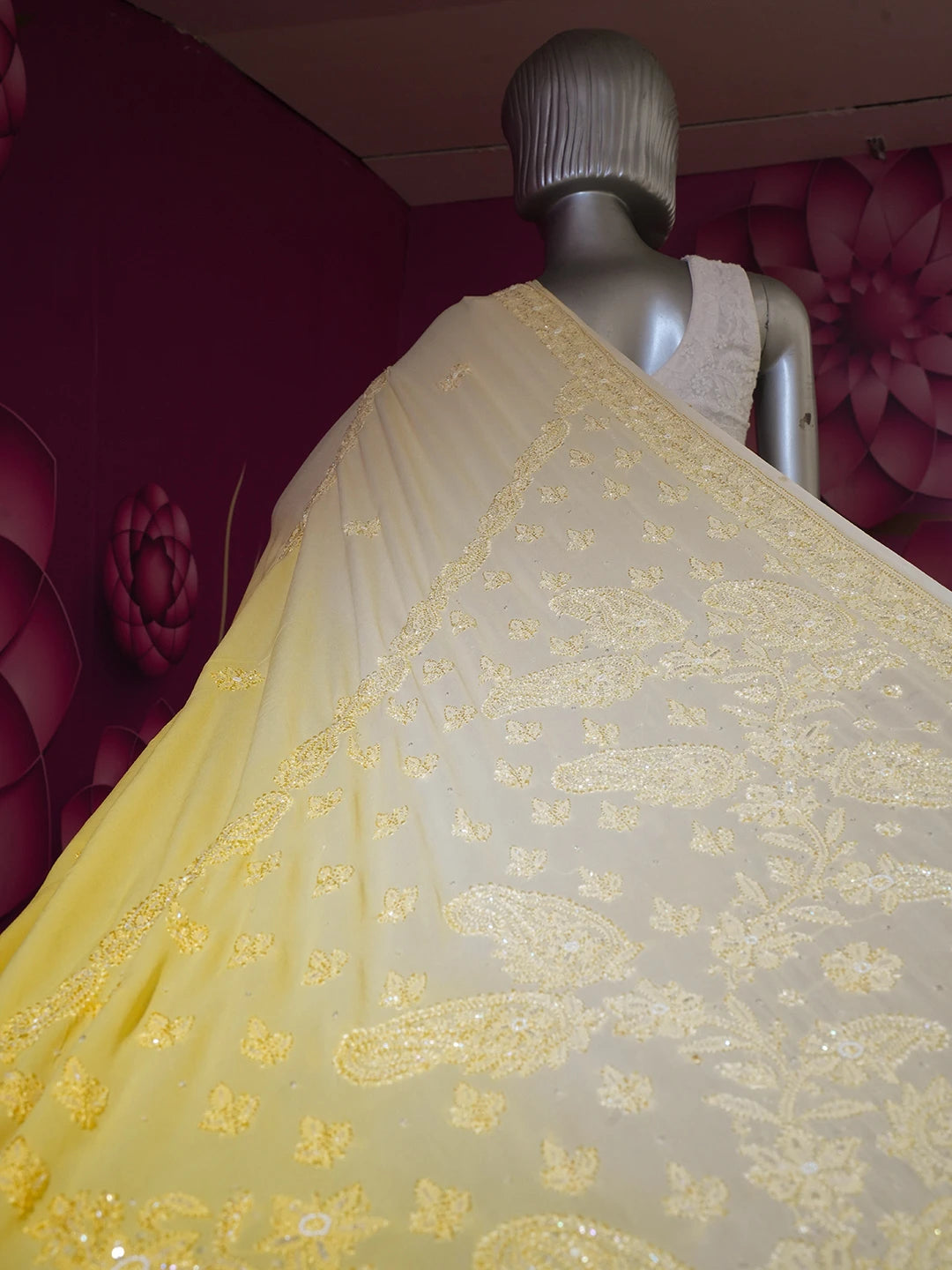 Ada Hand Embroidered Cream And Golden Yellow Viscose Georgette Lucknowi Chikankari Saree With Blouse And Cutdana Work 01A510570