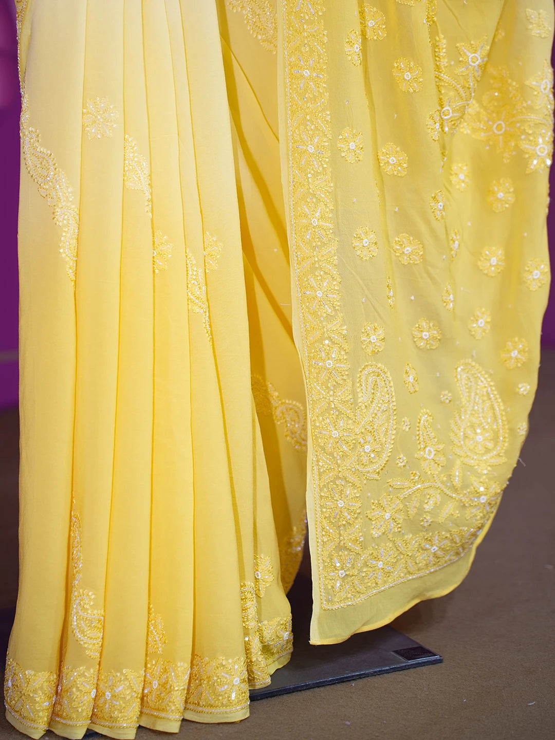 Ada Hand Embroidered Cream And Golden Yellow Viscose Georgette Lucknowi Chikankari Saree With Blouse And Cutdana Work 01A510570