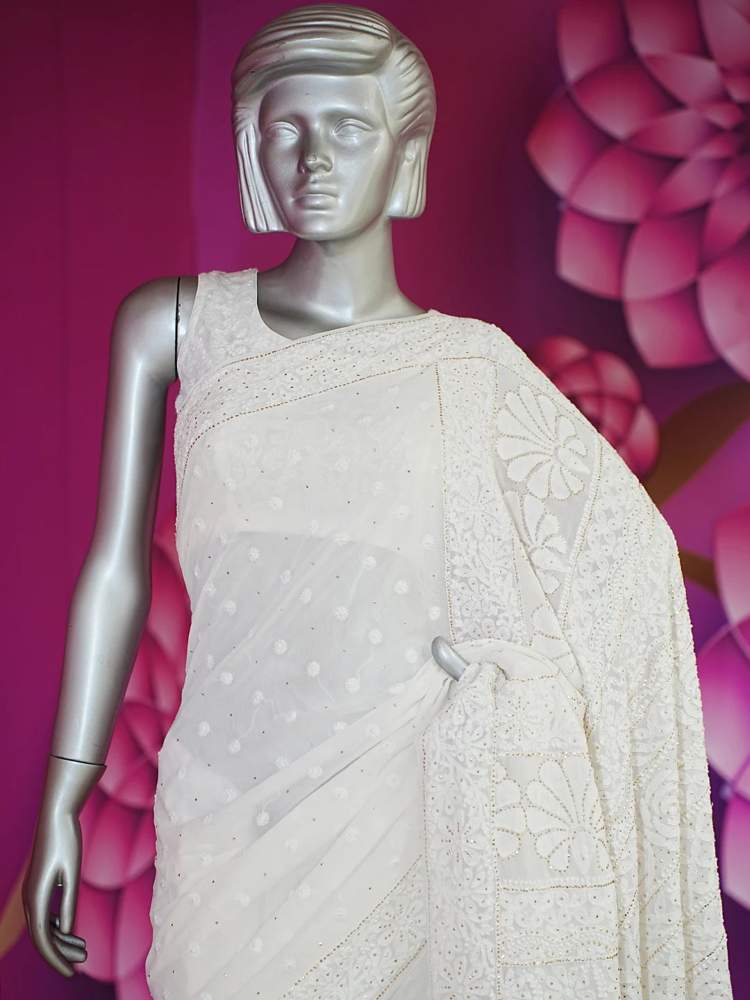 Ada Hand Embroidered White Pure Georgette Lucknowi Chikankari Saree/Blouse with Muqaish Work 01A345663