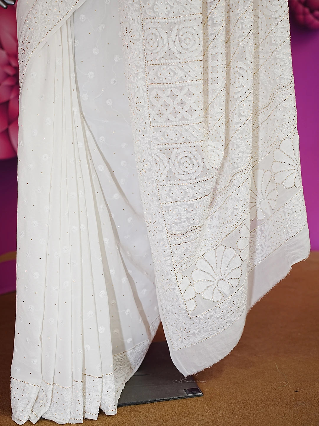 Ada Hand Embroidered White Pure Georgette Lucknowi Chikankari Saree/Blouse with Muqaish Work 01A345663