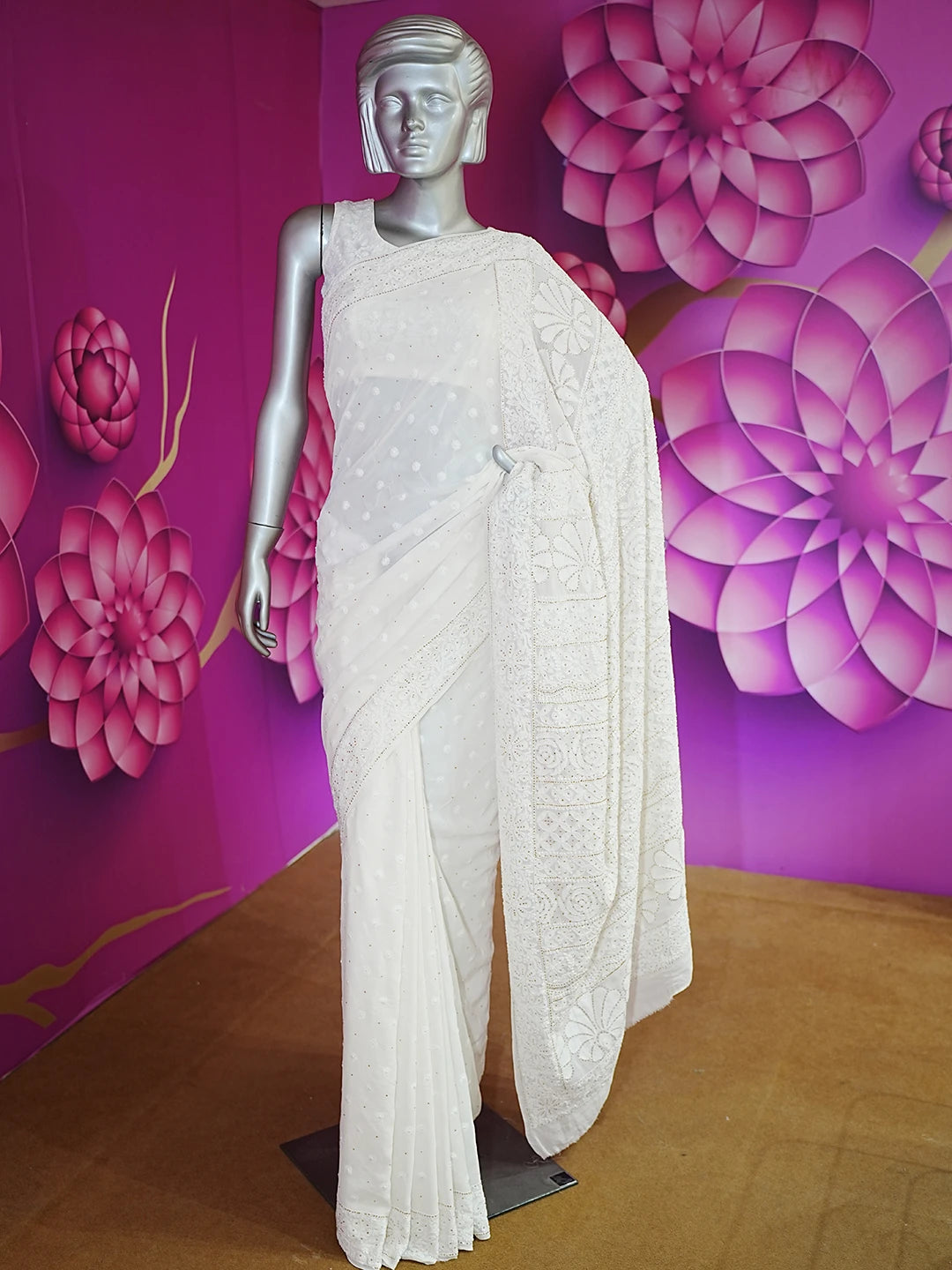 Ada Hand Embroidered White Pure Georgette Lucknowi Chikankari Saree/Blouse with Muqaish Work 01A345663