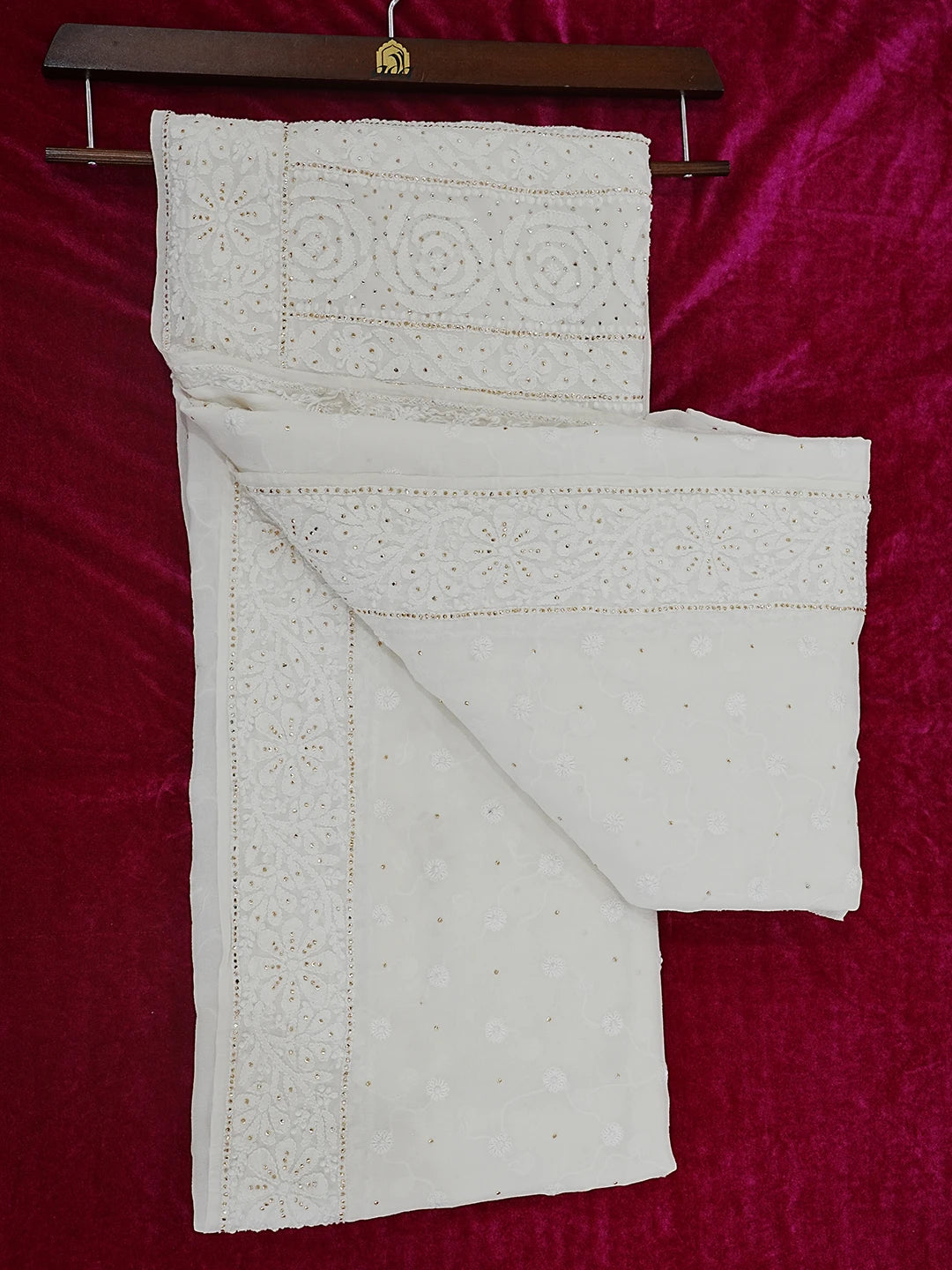 Ada Hand Embroidered White Pure Georgette Lucknowi Chikankari Saree/Blouse with Muqaish Work 01A345663