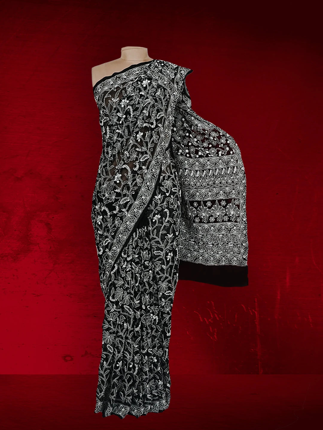 Ada Hand Embroidered Black Georgette Lucknowi Chikankari Saree With Blouse 01A554202