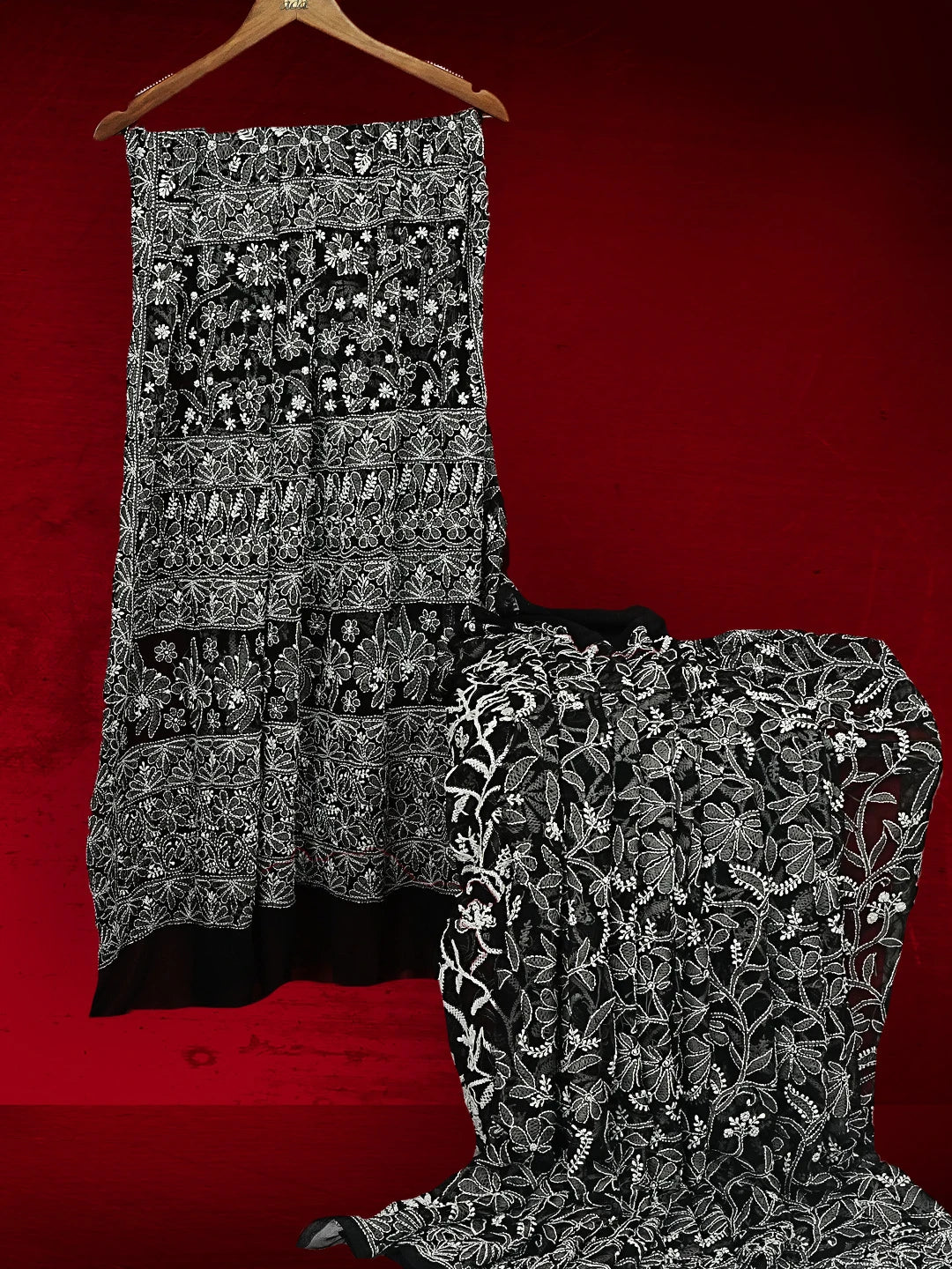 Ada Hand Embroidered Black Georgette Lucknowi Chikankari Saree With Blouse 01A554202