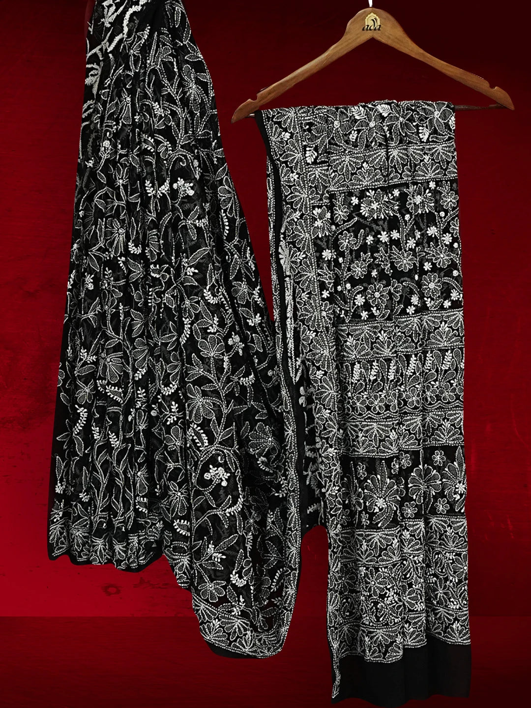 Ada Hand Embroidered Black Georgette Lucknowi Chikankari Saree With Blouse 01A554202