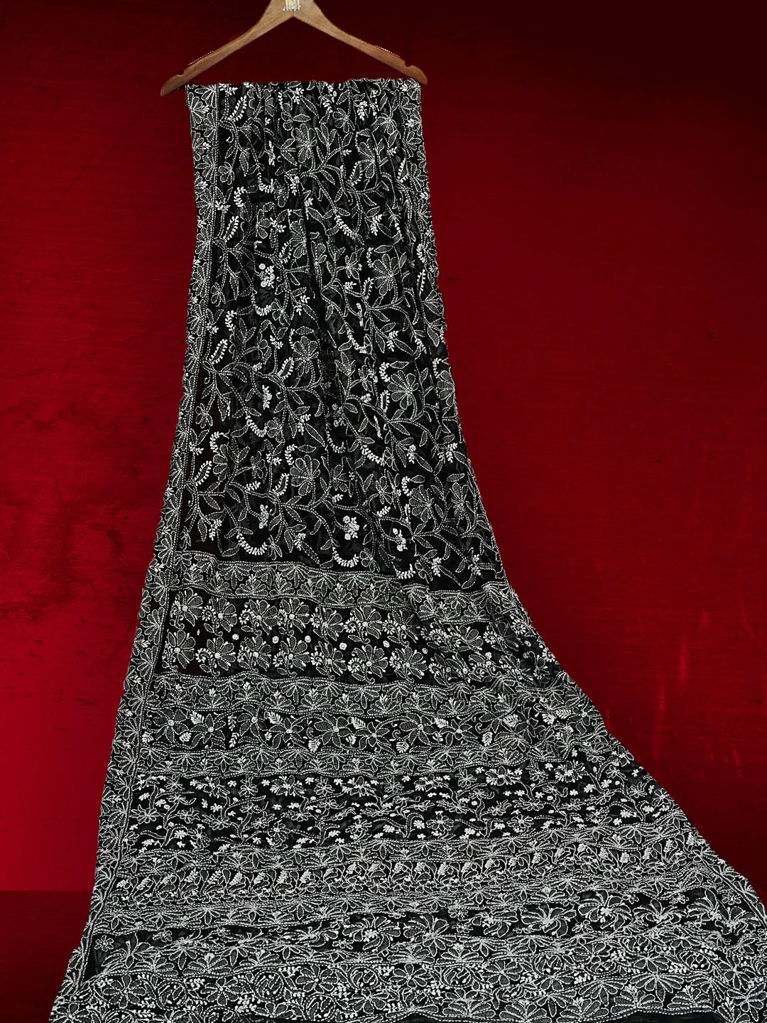 Ada Hand Embroidered Black Georgette Lucknowi Chikankari Saree With Blouse 01A554202