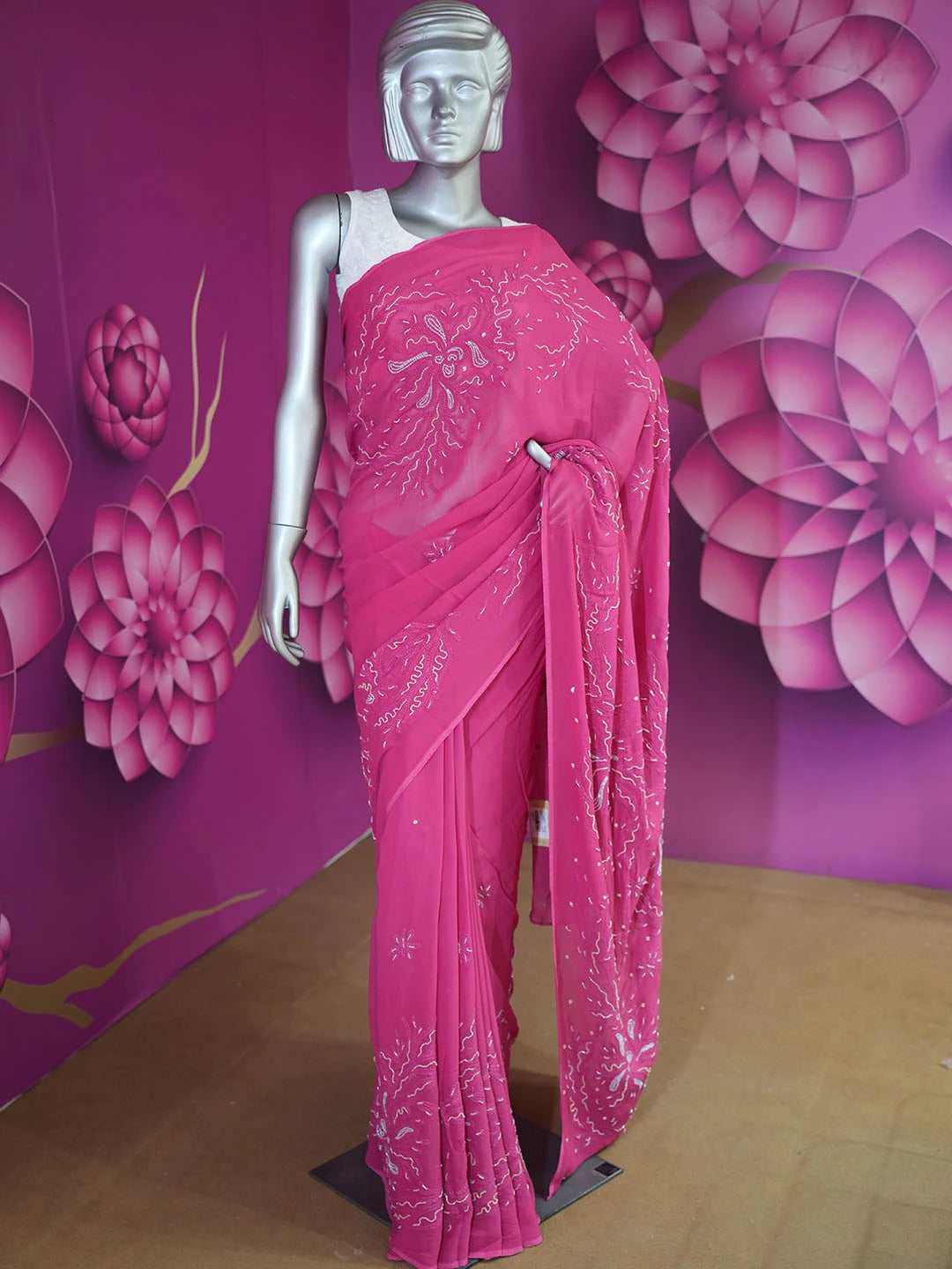 Ada Hand Embroidered Magenta Viscose Georgette Lucknowi Chikankari Saree With Blouse And Cutdana Work 01A475416