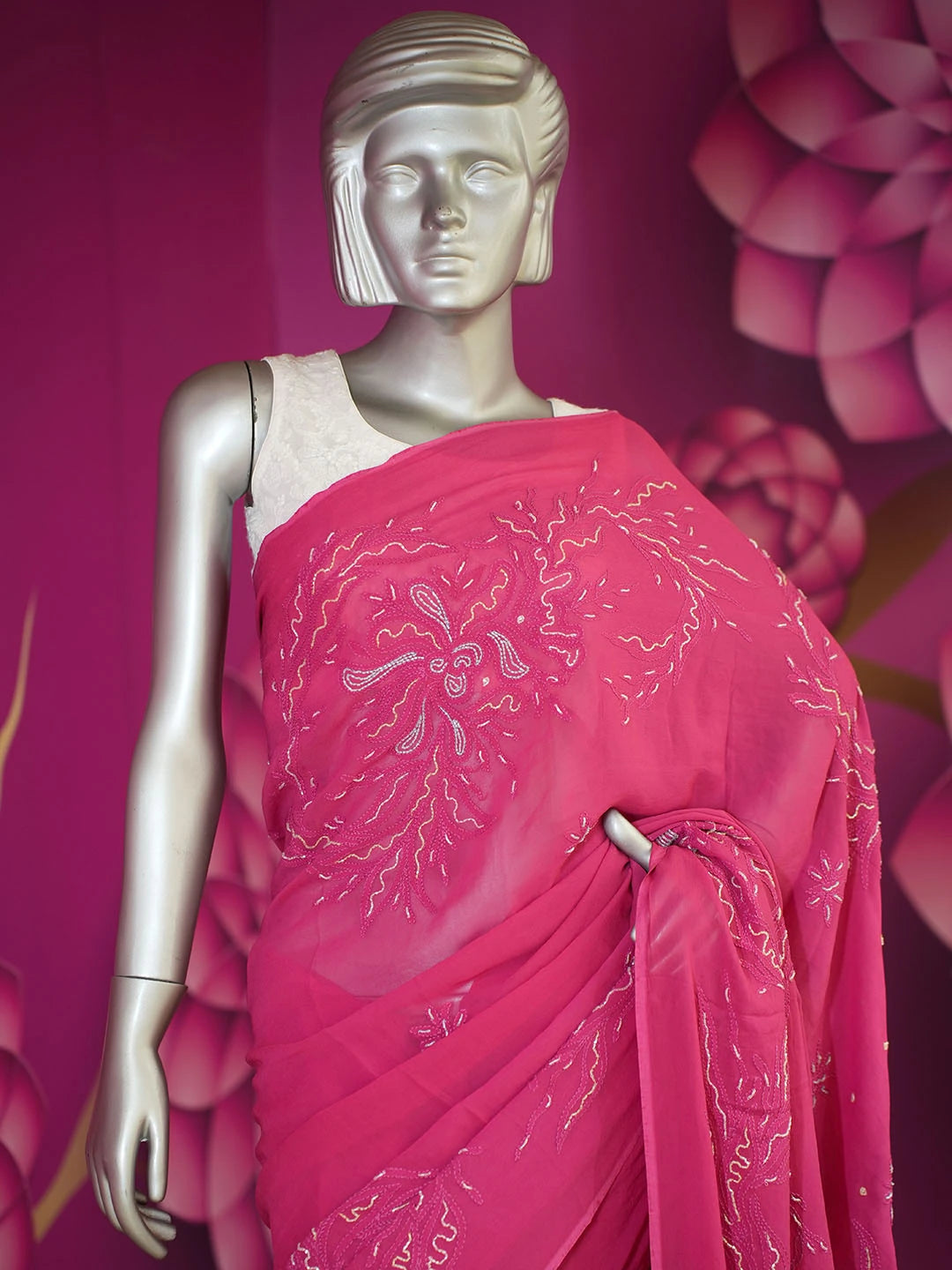 Ada Hand Embroidered Magenta Viscose Georgette Lucknowi Chikankari Saree With Blouse And Cutdana Work 01A475416