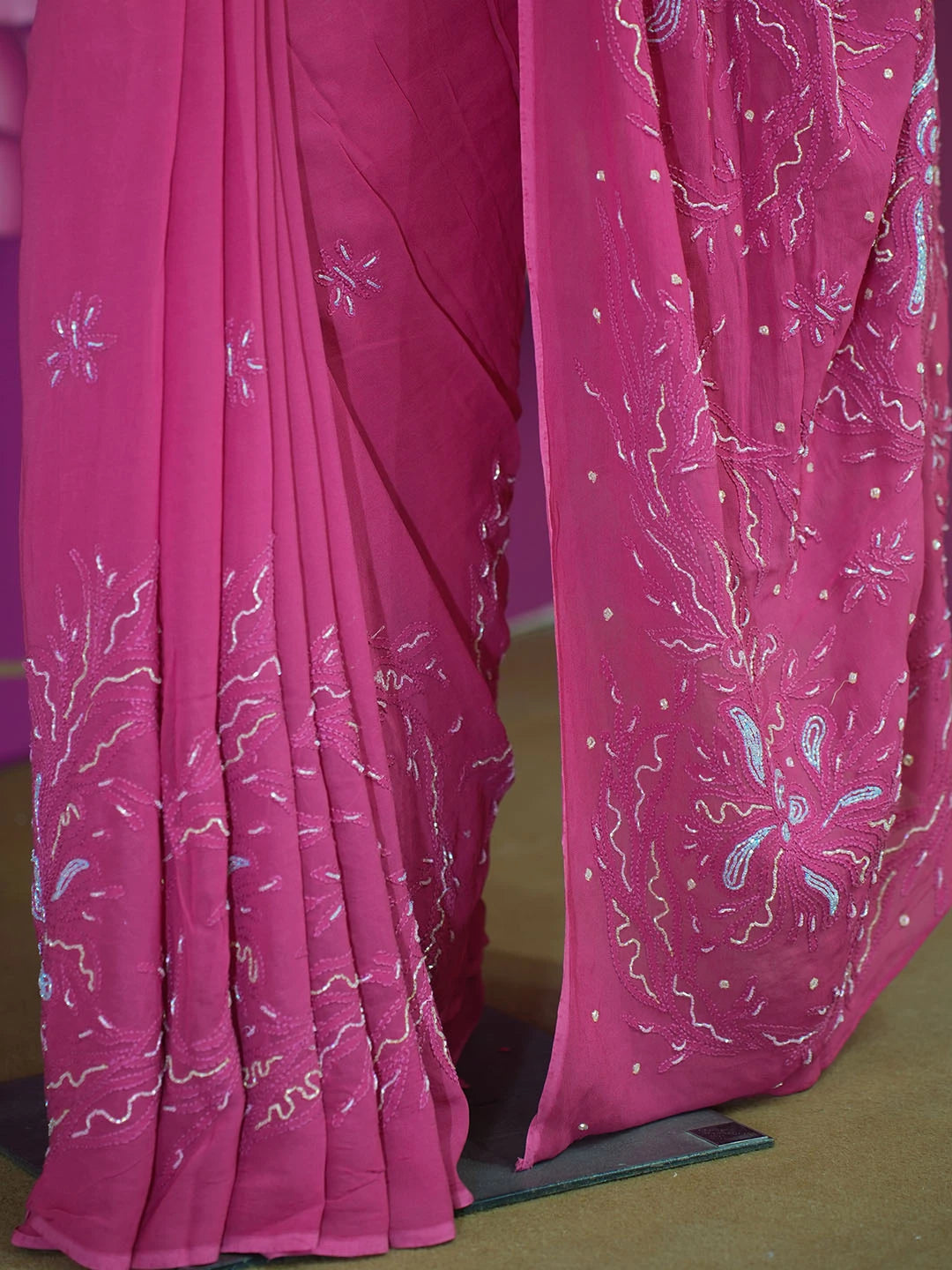 Ada Hand Embroidered Magenta Viscose Georgette Lucknowi Chikankari Saree With Blouse And Cutdana Work 01A475416