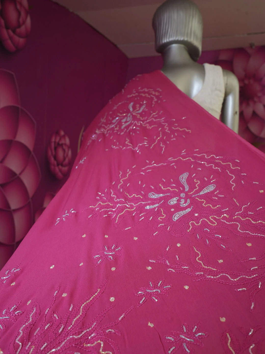 Ada Hand Embroidered Magenta Viscose Georgette Lucknowi Chikankari Saree With Blouse And Cutdana Work 01A475416