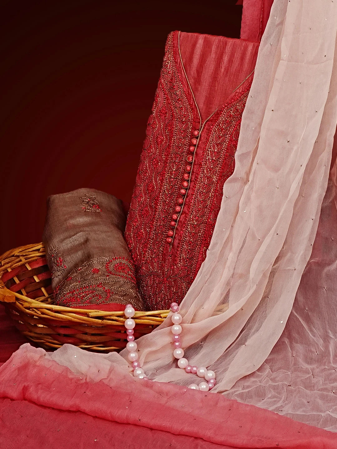 Ada Hand Embroidered Maroon Silk Lucknowi Chikankari Semi Stitched Suit Piece  01A550430
