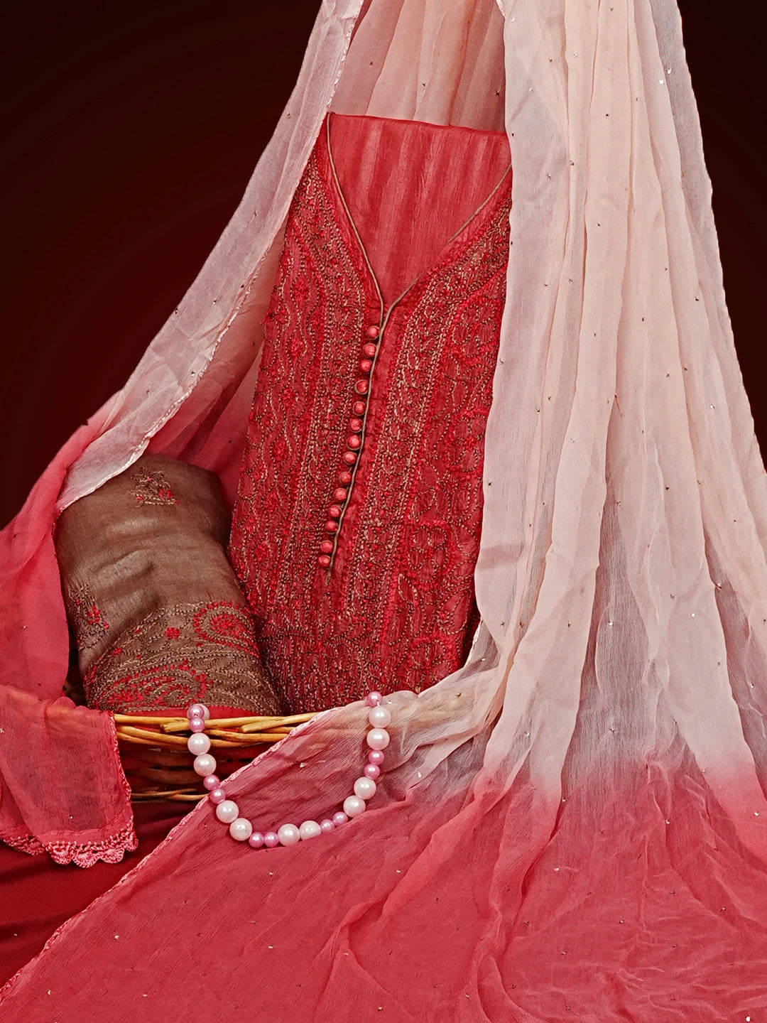 Ada Hand Embroidered Maroon Silk Lucknowi Chikankari Semi Stitched Suit Piece  01A550430