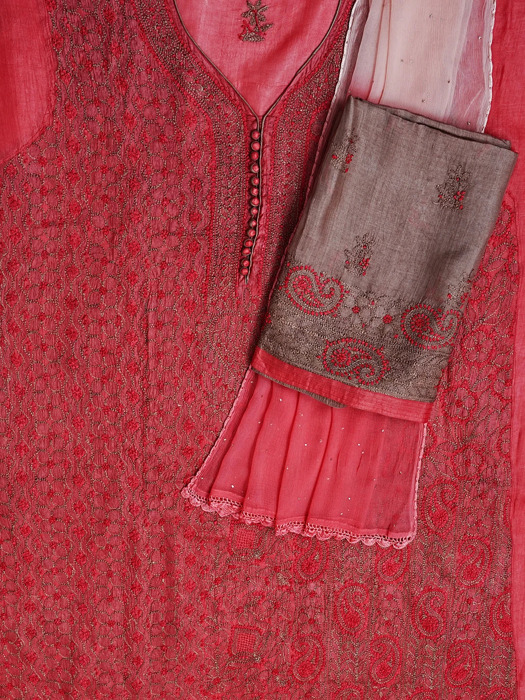 Ada Hand Embroidered Maroon Silk Lucknowi Chikankari Semi Stitched Suit Piece  01A550430