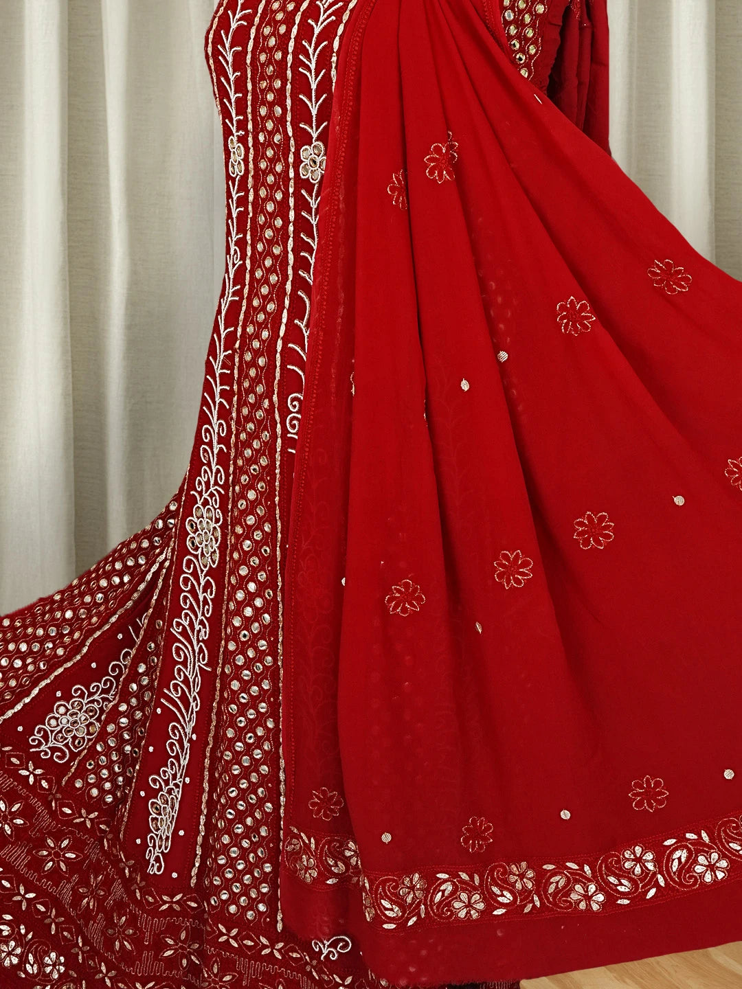 Ada Hand Embroidered Maroon Viscose Georgette Lucknowi Chikankari Semi-Stitched Anarkali Kurta Dupatta Set With Pearl Work 01A267011
