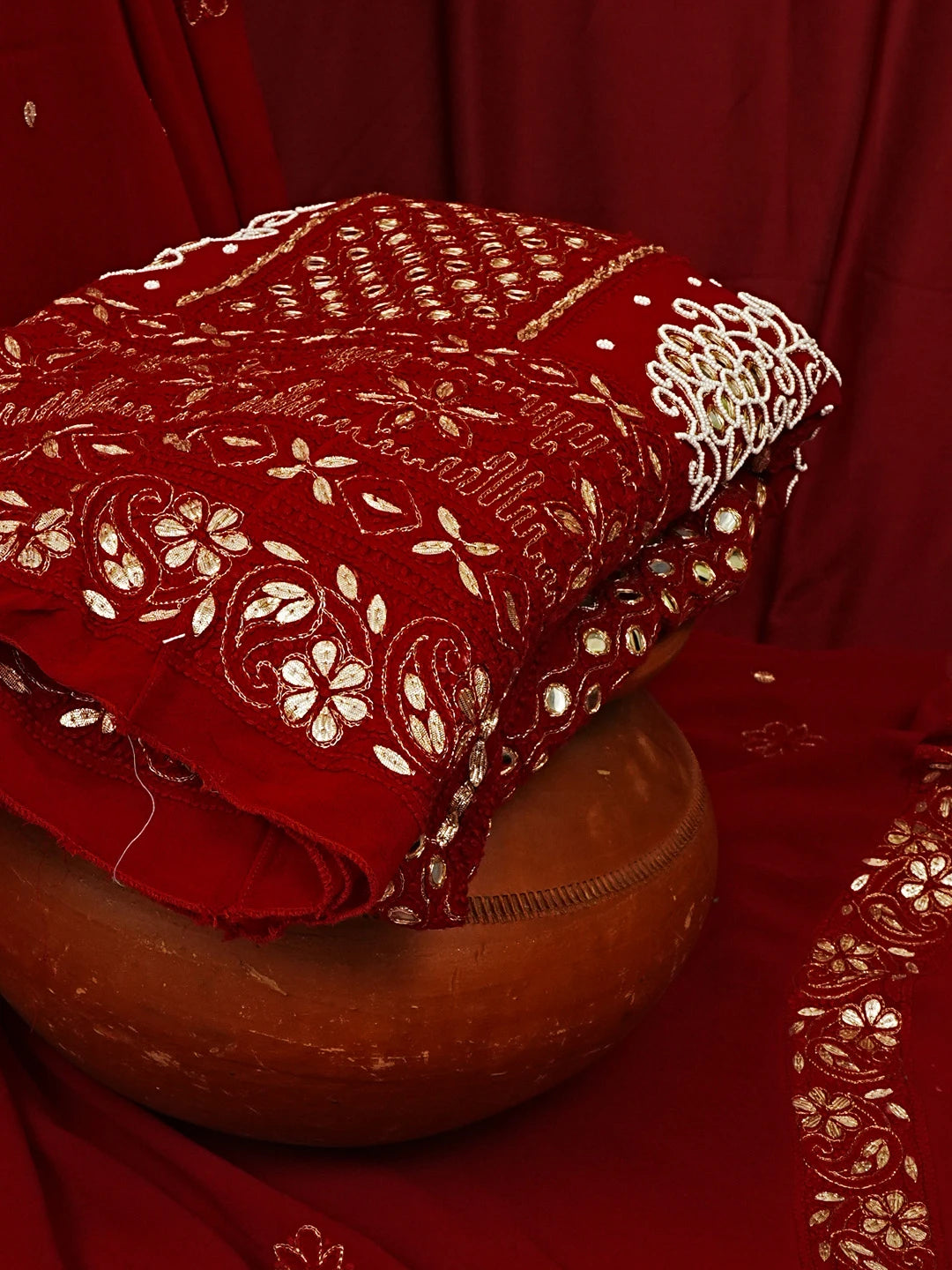 Ada Hand Embroidered Maroon Viscose Georgette Lucknowi Chikankari Semi-Stitched Anarkali Kurta Dupatta Set With Pearl Work 01A267011