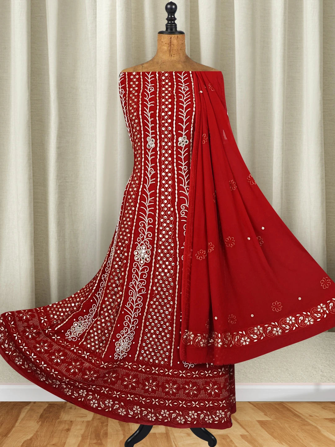Ada Hand Embroidered Maroon Viscose Georgette Lucknowi Chikankari Semi-Stitched Anarkali Kurta Dupatta Set With Pearl Work 01A267011
