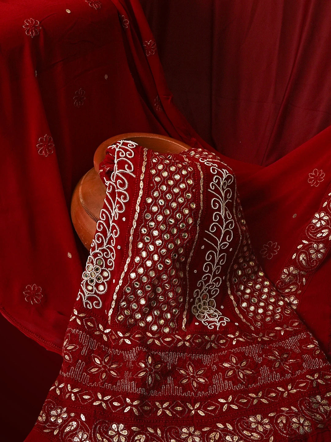 Ada Hand Embroidered Maroon Viscose Georgette Lucknowi Chikankari Semi-Stitched Anarkali Kurta Dupatta Set With Pearl Work 01A267011