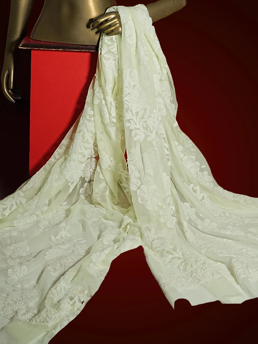 Ada Hand Embroidered Lime Green Georgette Lucknowi Chikankari Dupatta 01A10379