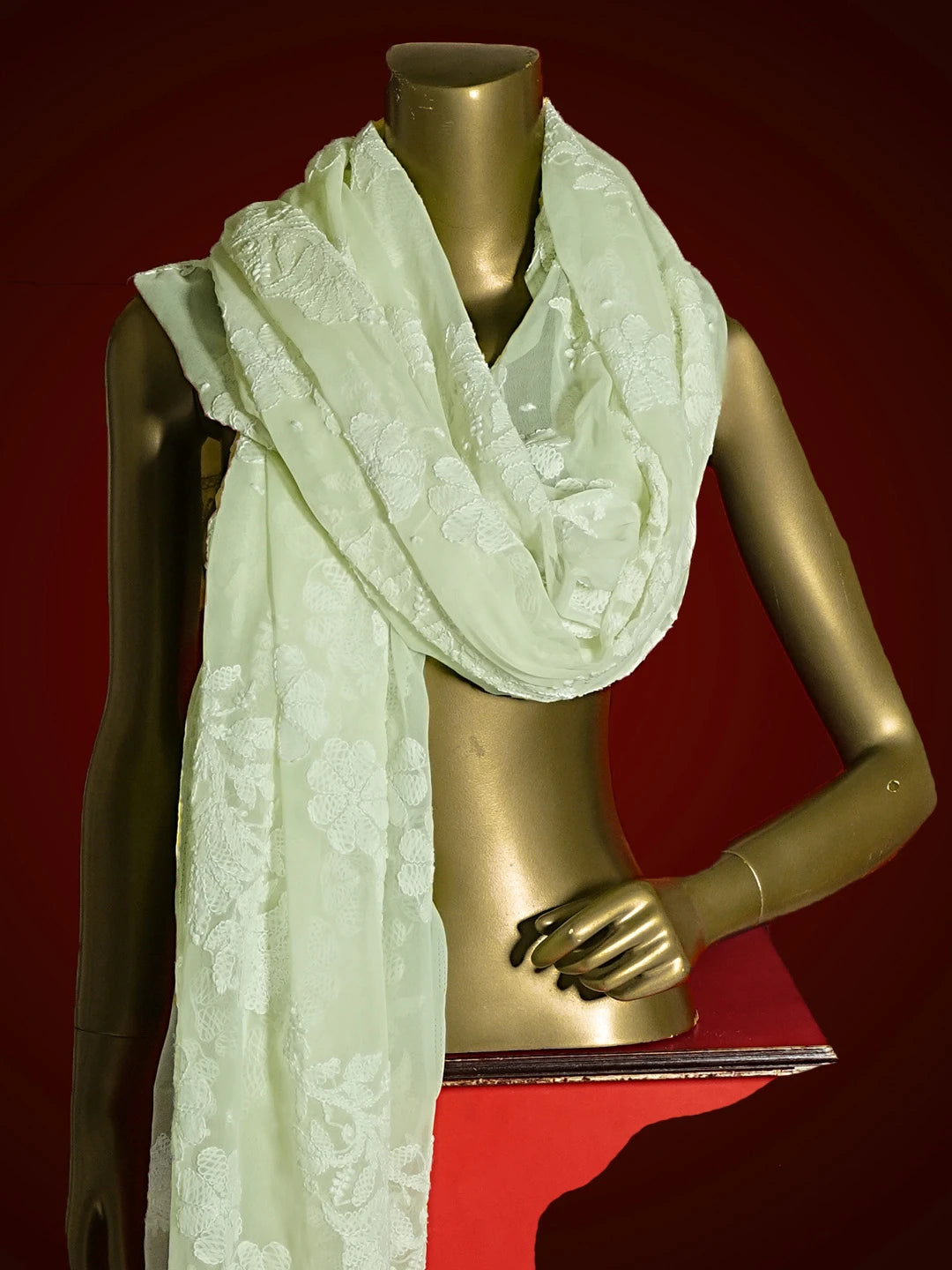 Ada Hand Embroidered Lime Green Georgette Lucknowi Chikankari Dupatta 01A10379