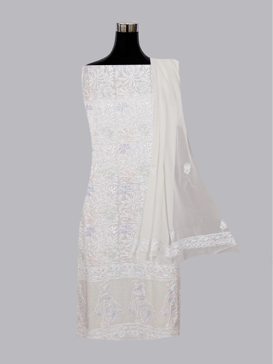 Ada Hand Embroidered Off White Pure Georgette Lucknowi Chikankari Unstitched Kurta Dupatta Set With Cutdana Work 01A552439