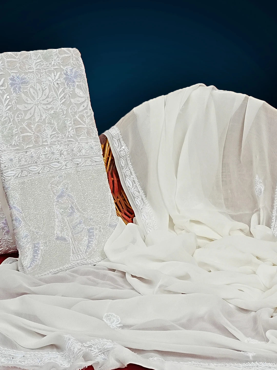 Ada Hand Embroidered Off White Pure Georgette Lucknowi Chikankari Unstitched Kurta Dupatta Set With Cutdana Work 01A552439